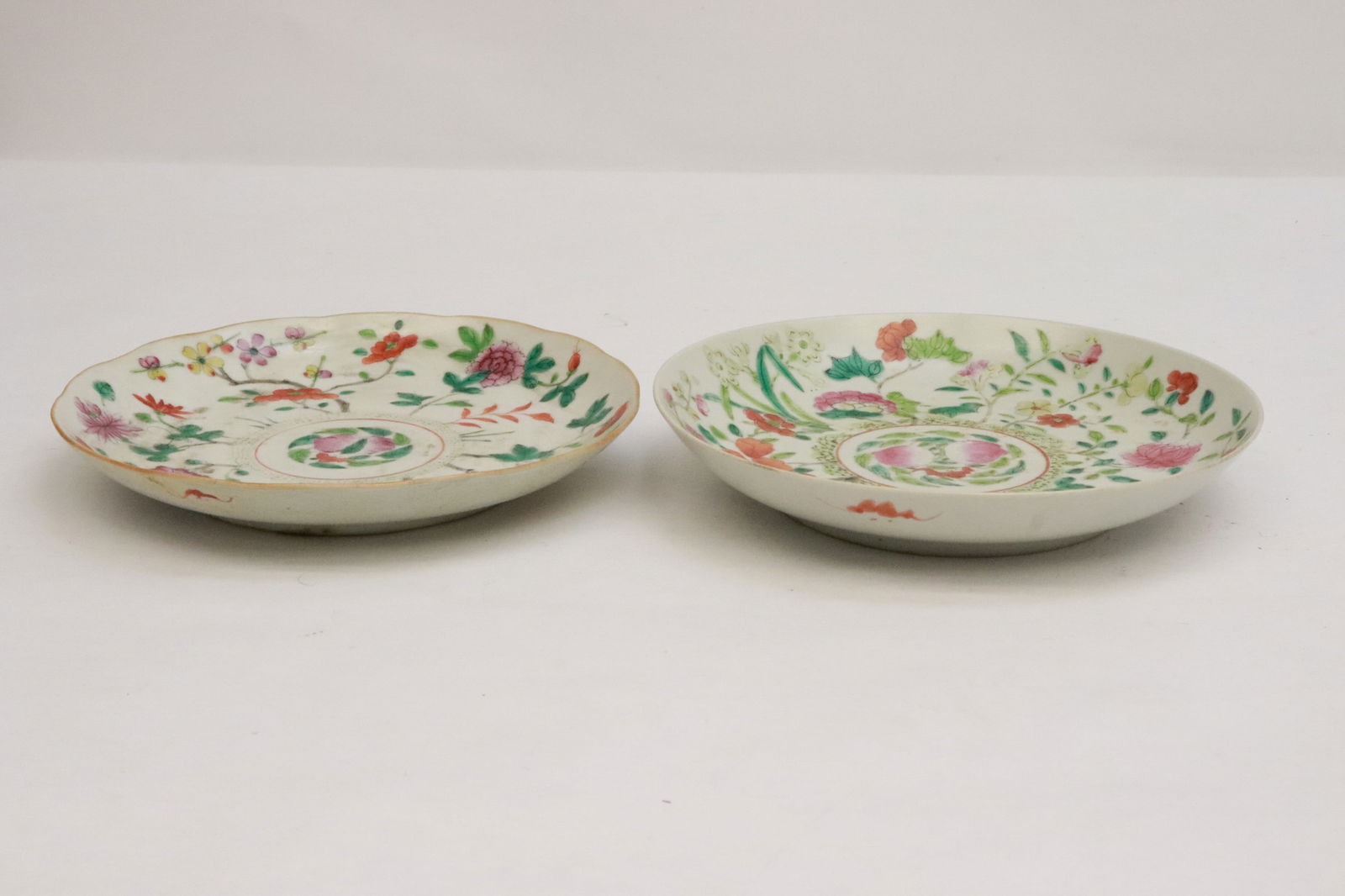 Pair late 19th c. Chinese famille rose porcelain plate: Pair late 19th century Chinese famille rose porcelain plate, 1.2"x7.15"dia, 1.3"x7.3"dia
