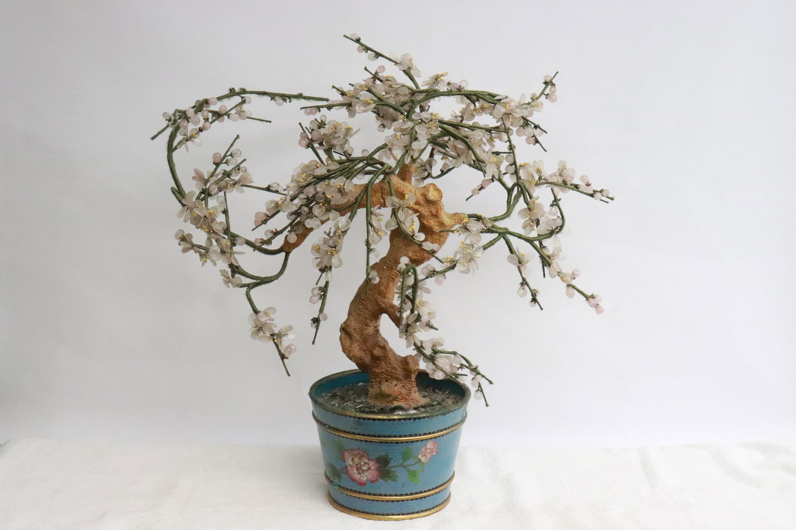Chinese jade tree with cloisonne planter: Chinese jade tree with cloisonne planter, 20.2"H