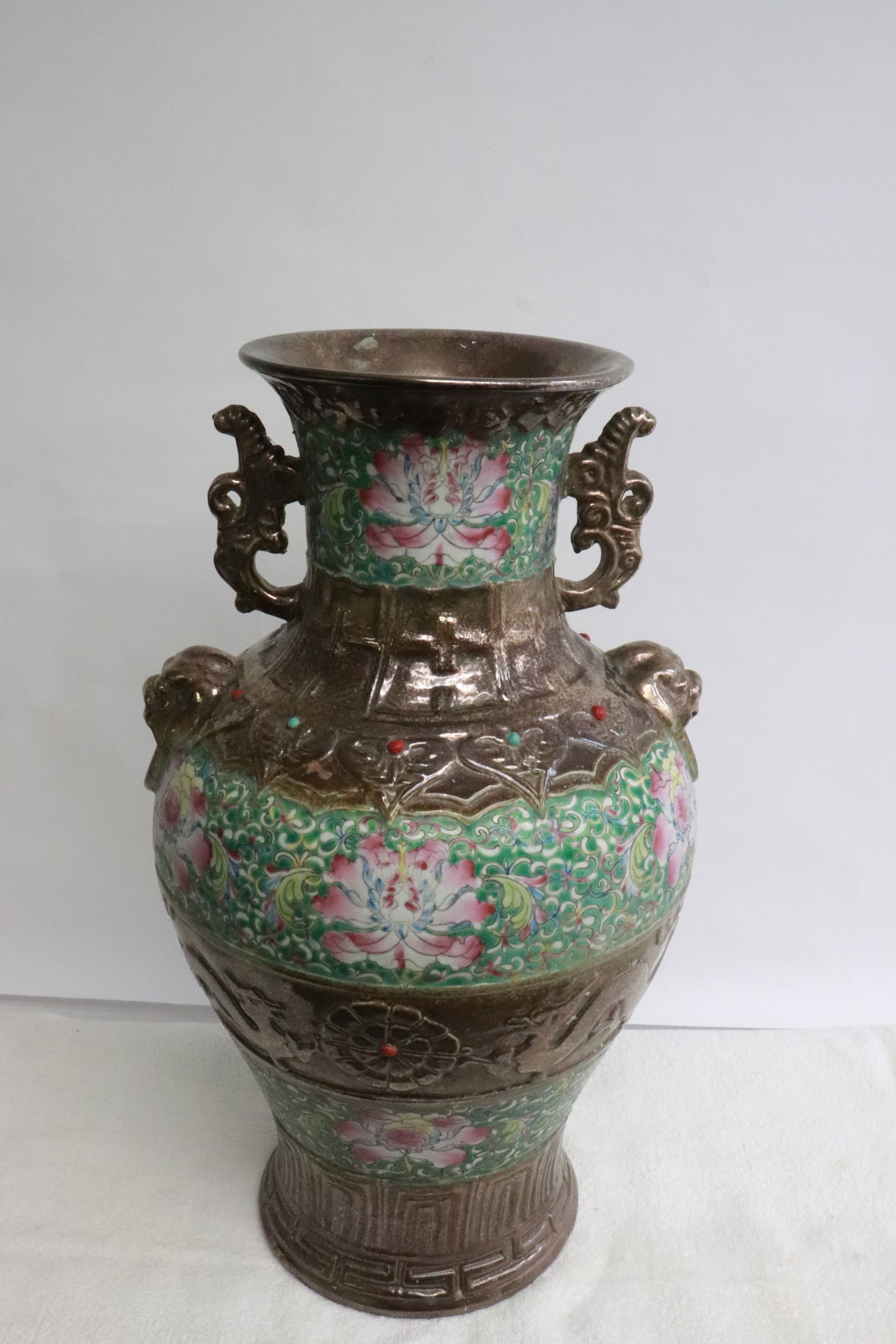 Silver color rimmed famille rose porcelain vase (1 of 9)