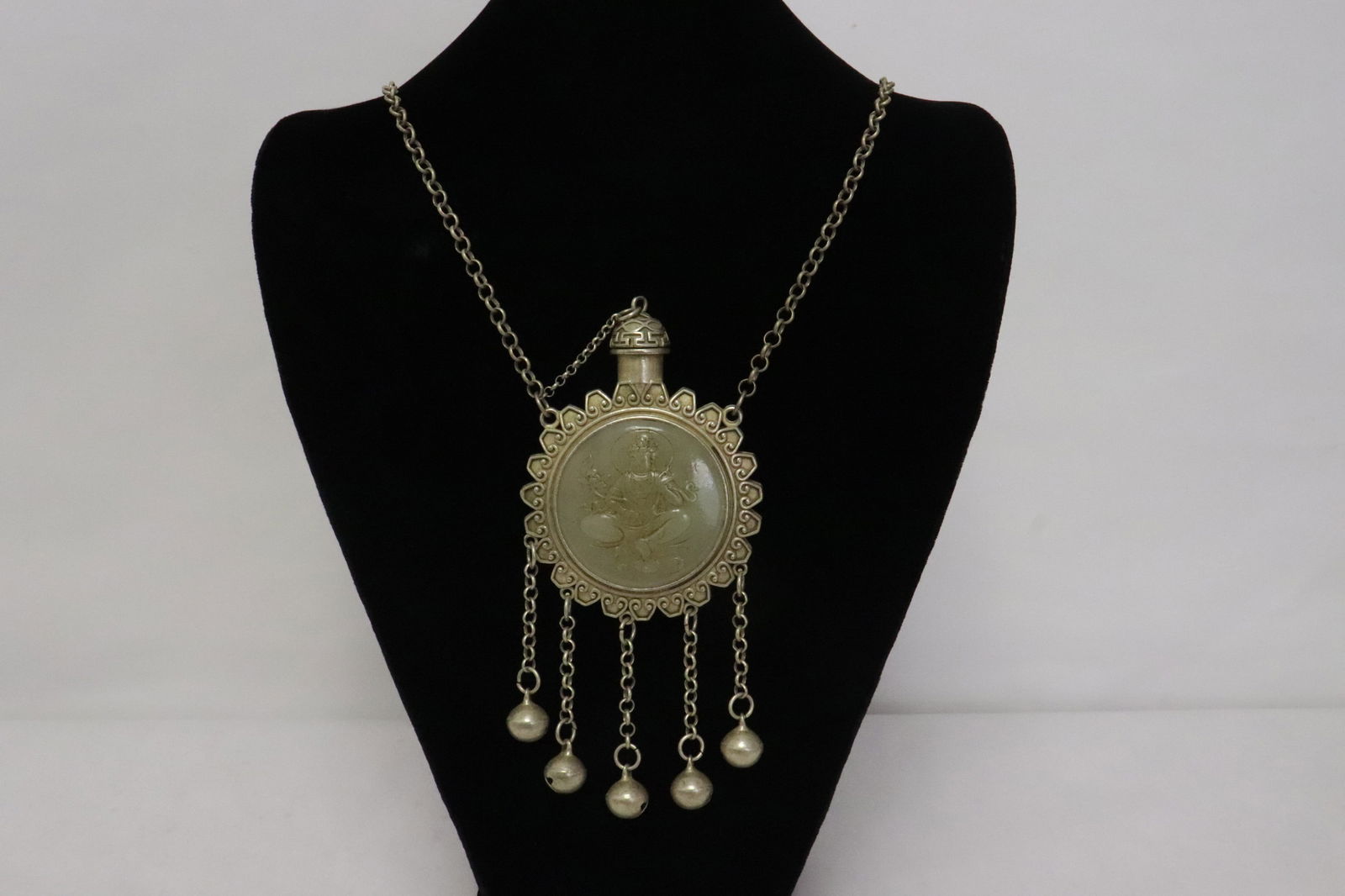 Scent bottle with jade like stone inset: Scent bottle with jade like stone inset, 3.5"x2.65"x0.75"