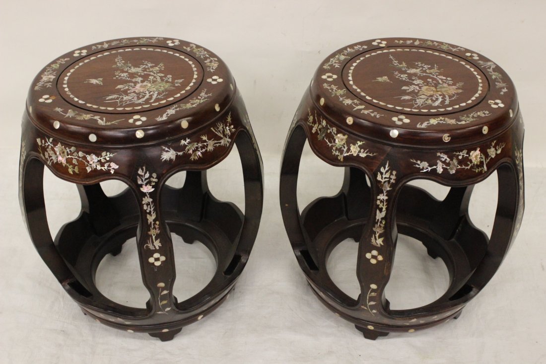 Pair Chinese rosewood stools w/ MOP inlaid: Pair Chinese rosewood stools with fine mother of pearl inlaid, 17.8"Hx16"dia each