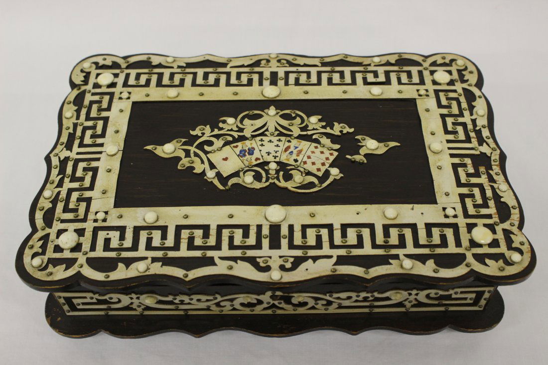 Germany antique card box w/ tarot cards & original chip: A rare Germany antique card box with tarot cards and original chips, 3.2"Hx11.8"x7.9"