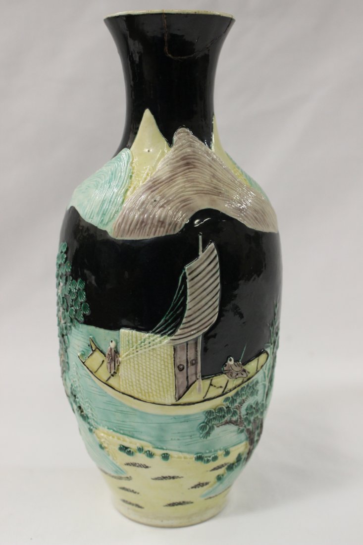 Chinese antique Fa-Hua porcelain vase: Chinese antique Fa-Hua porcelain vase decorated with lake scene with sail (rim repair), 9.1"Hx3.8"dia