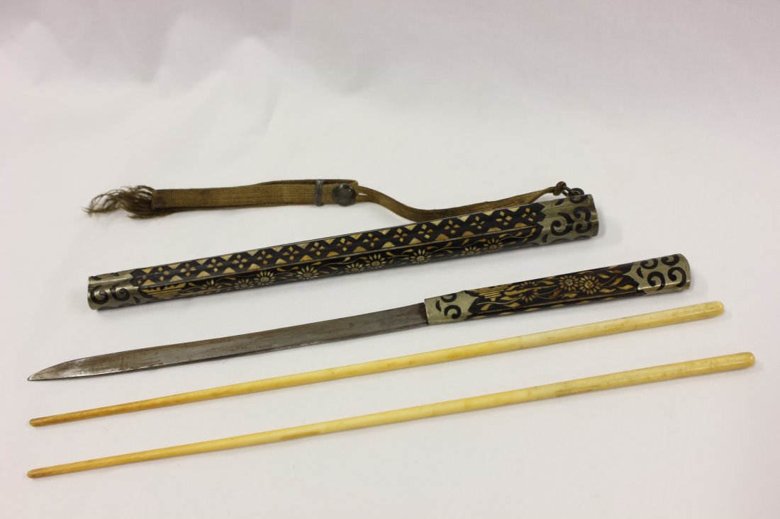 antique Chinese/Japanese inlaid wood carving case: Unusual antique Chinese/Japanese inlaid wood carving case (8"L) contain knife (10.05"L) and ivory carved chopsticks (10.2"L)