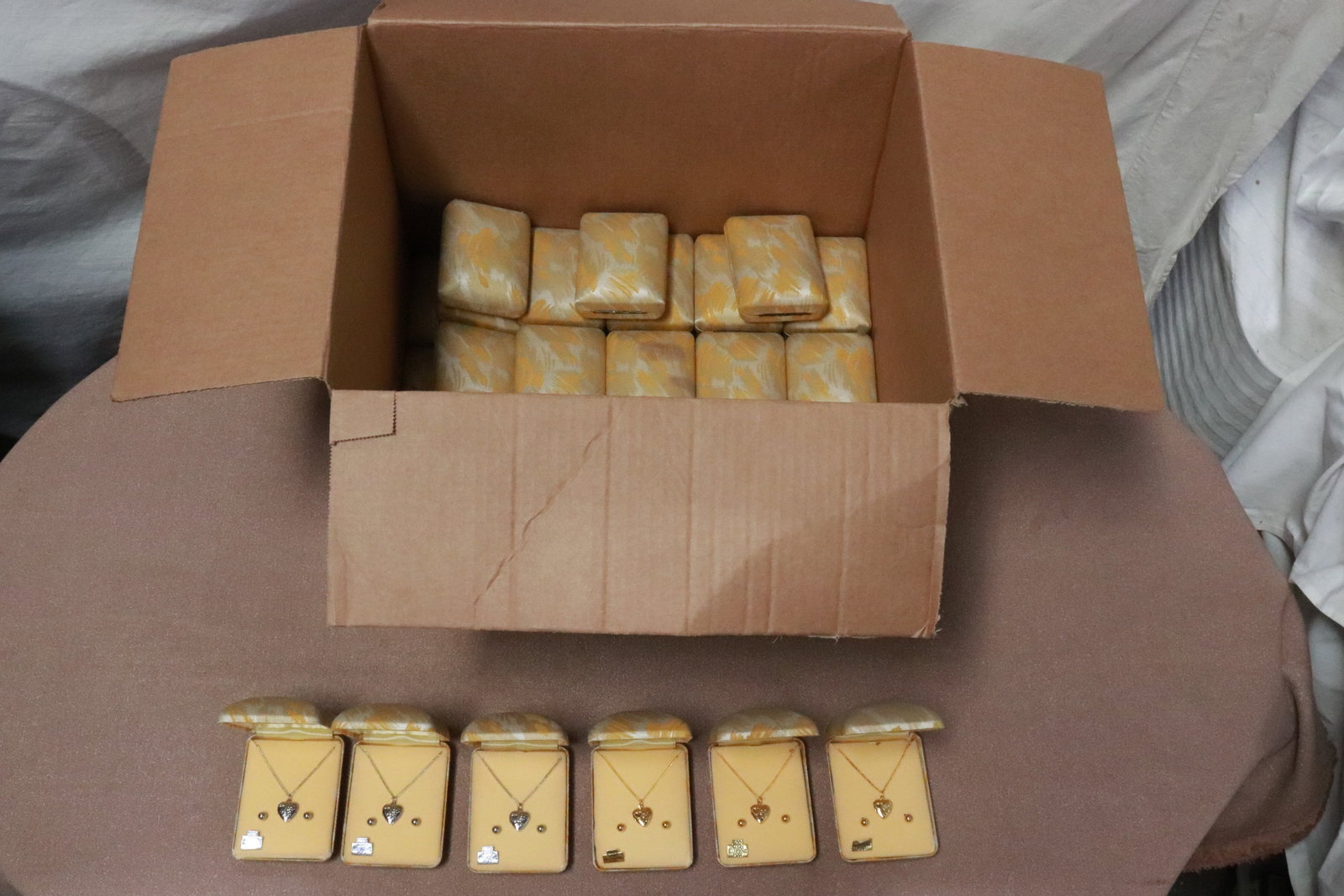 39 pendant & earring sets in original jewelry box: 39 pendant and earring sets in original jewelry box (1.3"x3.35"x2.6" ea)