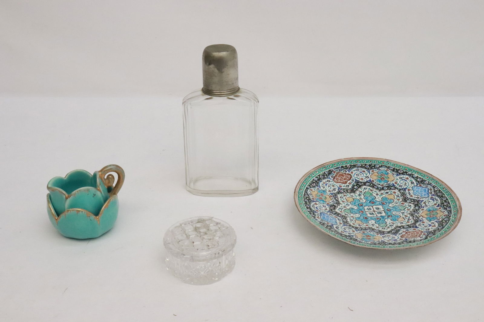 5 pieces: 5 pieces; 2 crystals, 2 pottery pieces, and a Mid Eastern enamel on copper plate (1.1"x6.15"dia)