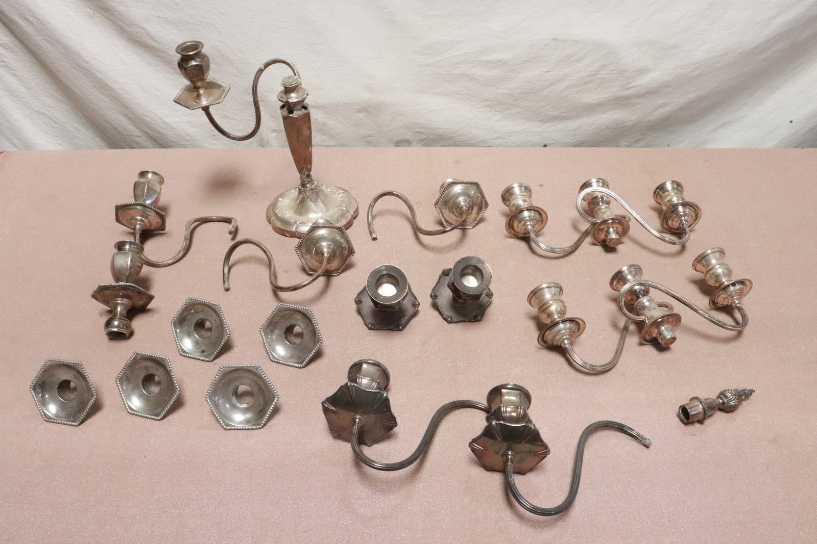 Lot of silverplate(?) candelabra parts: Lot of silverplate(?) candelabra parts