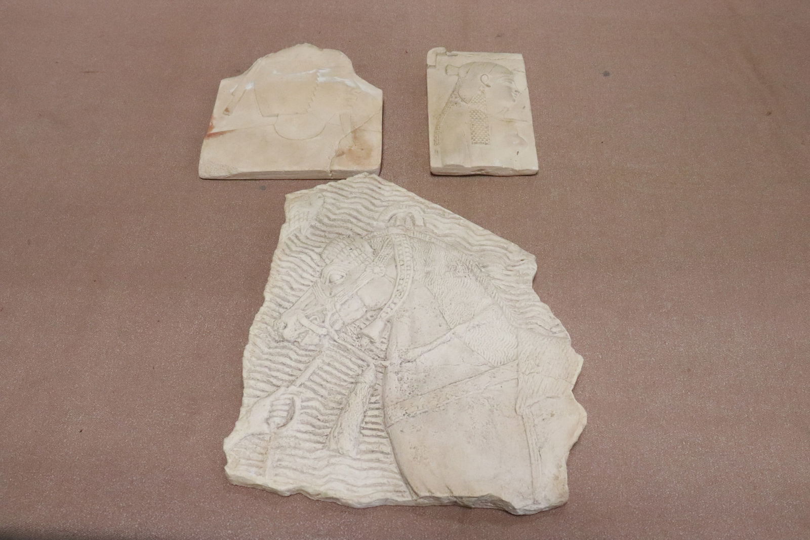 3 Egyptian motif wall hanging terracotta plaques: 3 Egyptian motif wall hanging terracotta plaques, 7.2"x4.35"x0.85" - 13.2"x11.1"x1.15"