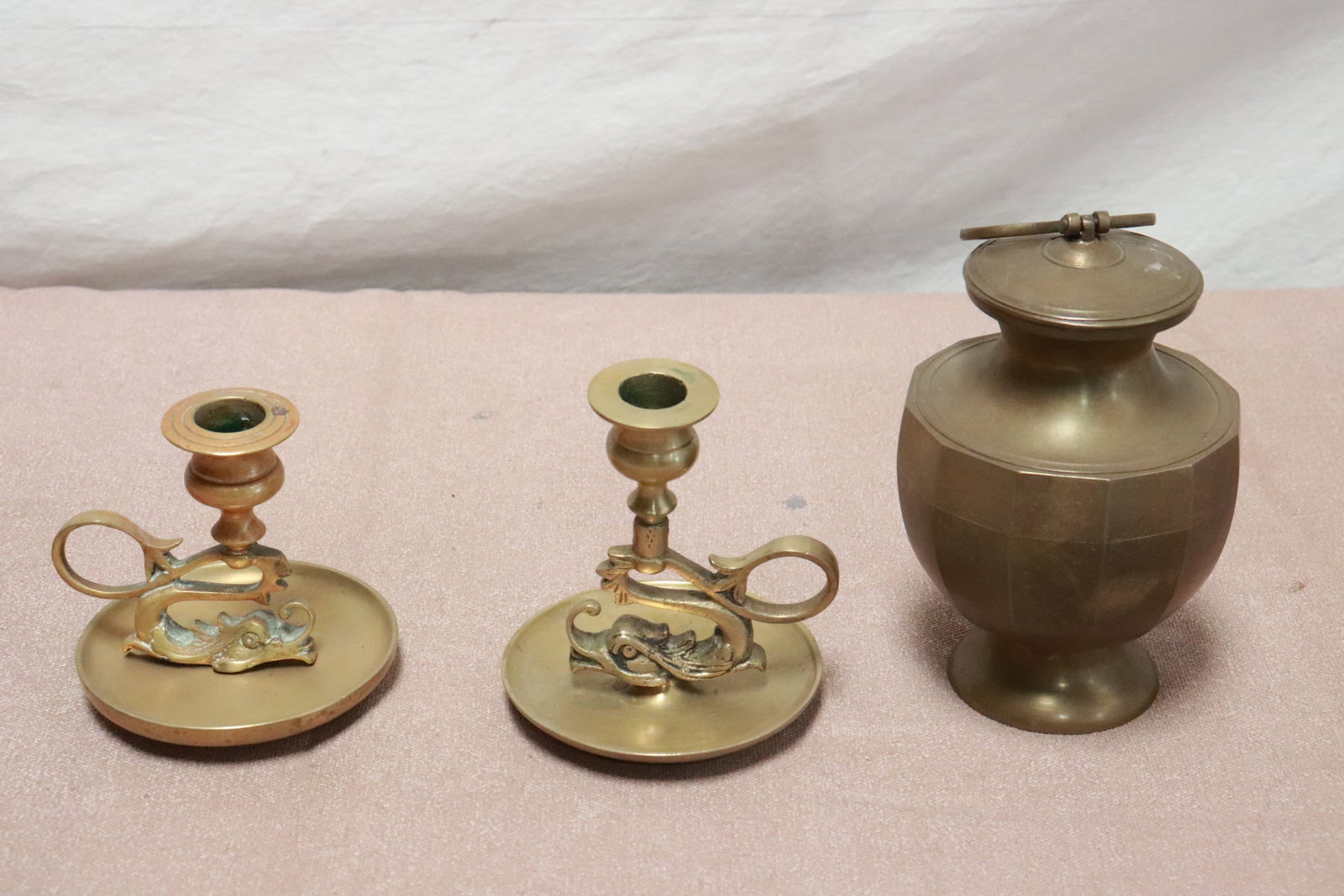 2 bronze chamber lights, and a bronze bottle: 2 bronze chamber lights (4.15"x4.35"x4.15, 4.8"x4.5"x4.2"), and a bronze bottle with screw open top (6.65"x4.2"dia)