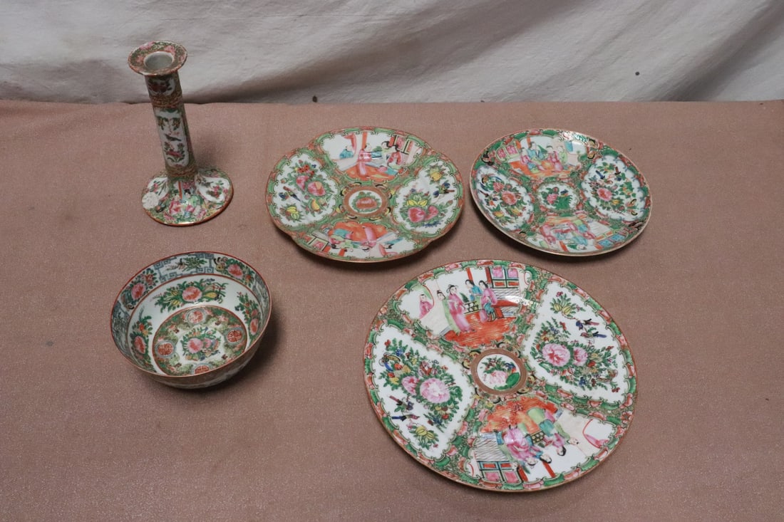 5 pieces Chinese rose canton porcelain: 3 pieces Chinese rose canton porcelain; 3 plates (1.2"x8.25"dia - 1.15"x10"dia), a bowl (2.7"x5.65"dia), and a candle holder (7.6"x4.15"dia)