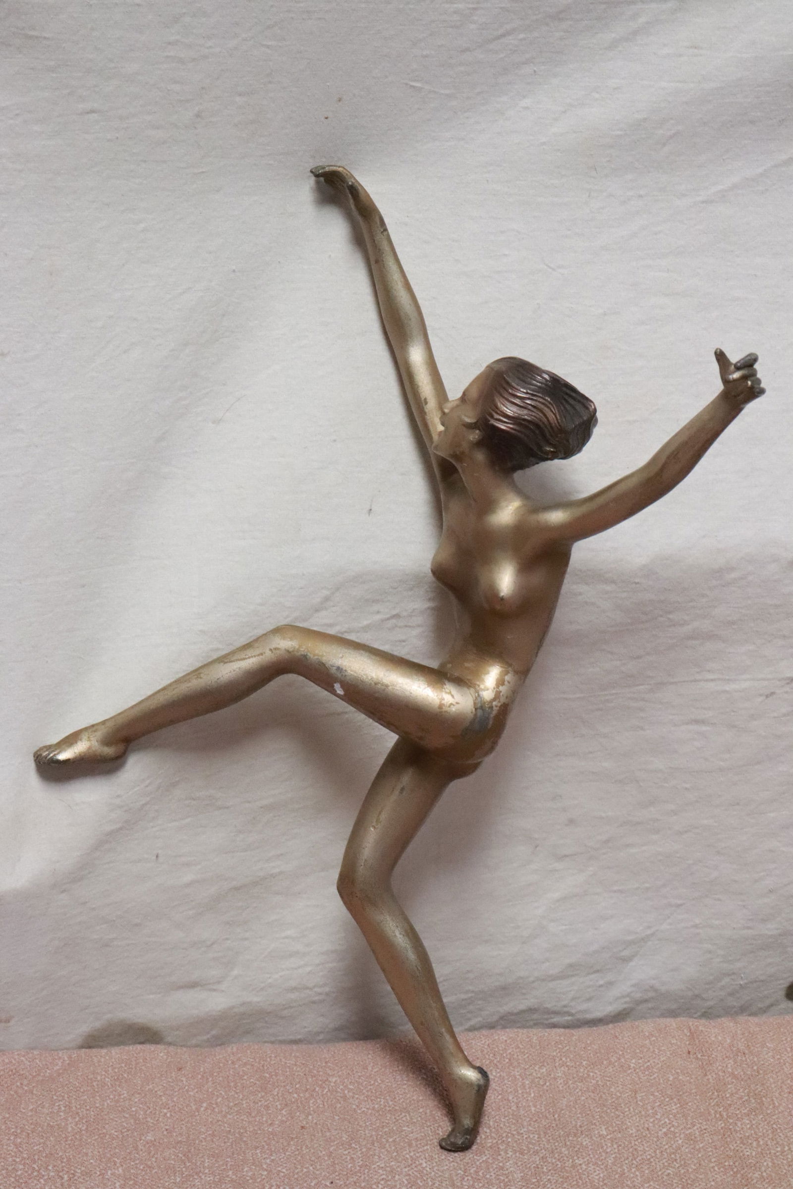 Art deco metal sculpture of nude: Art deco metal sculpture of nude, one foot bottom chip, 12.5"H