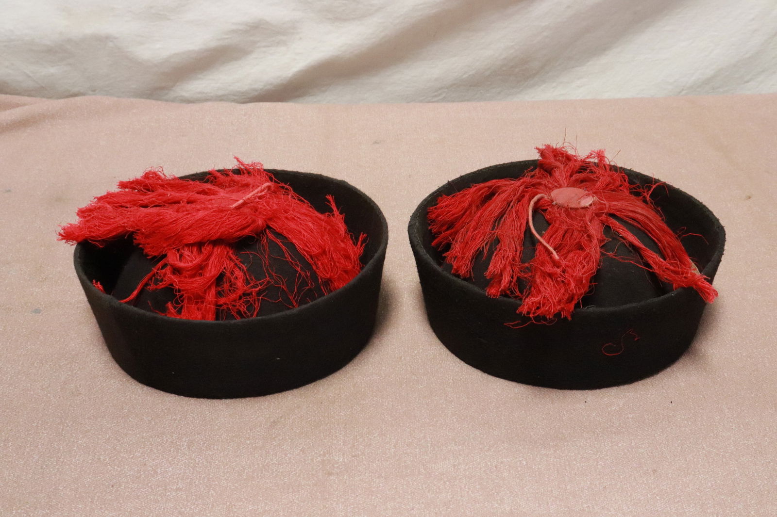 2 Chinese 19th century style hats: 2 Chinese 19th century style hats, 3.5"x7.6"dia ea