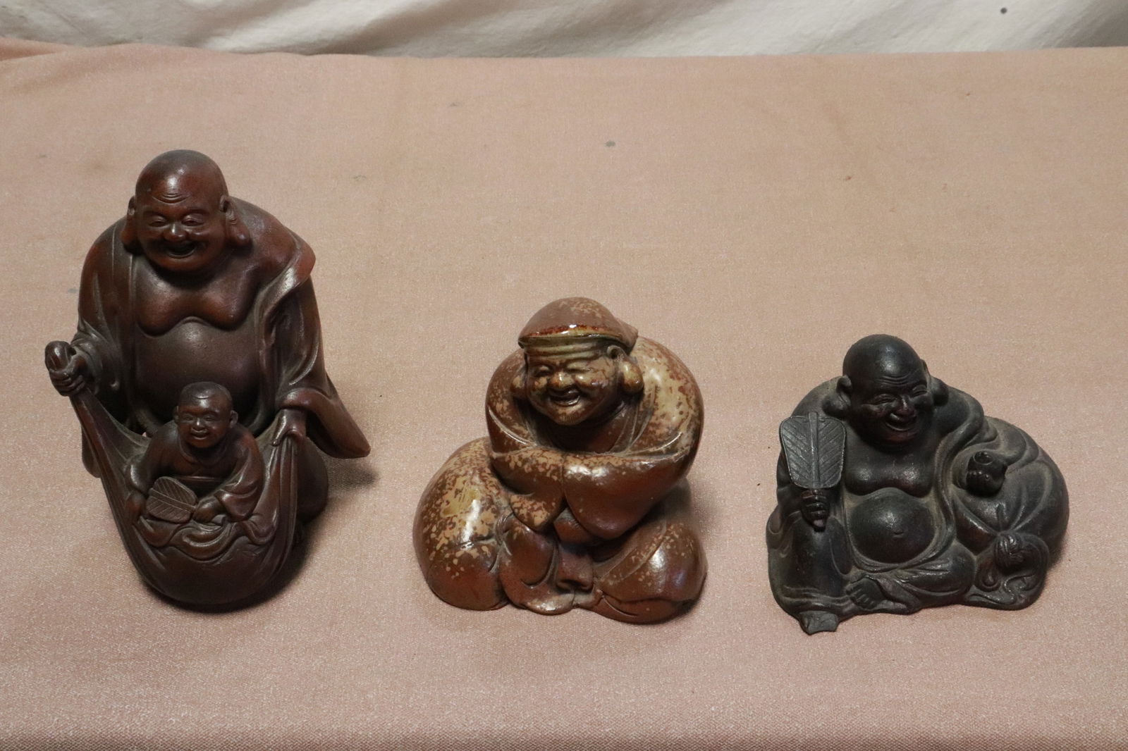 3 antique Japanese earthenware sculpture of deities: 3 antique Japanese earthenware sculpture of deities, 4.8"H - 8.7"H