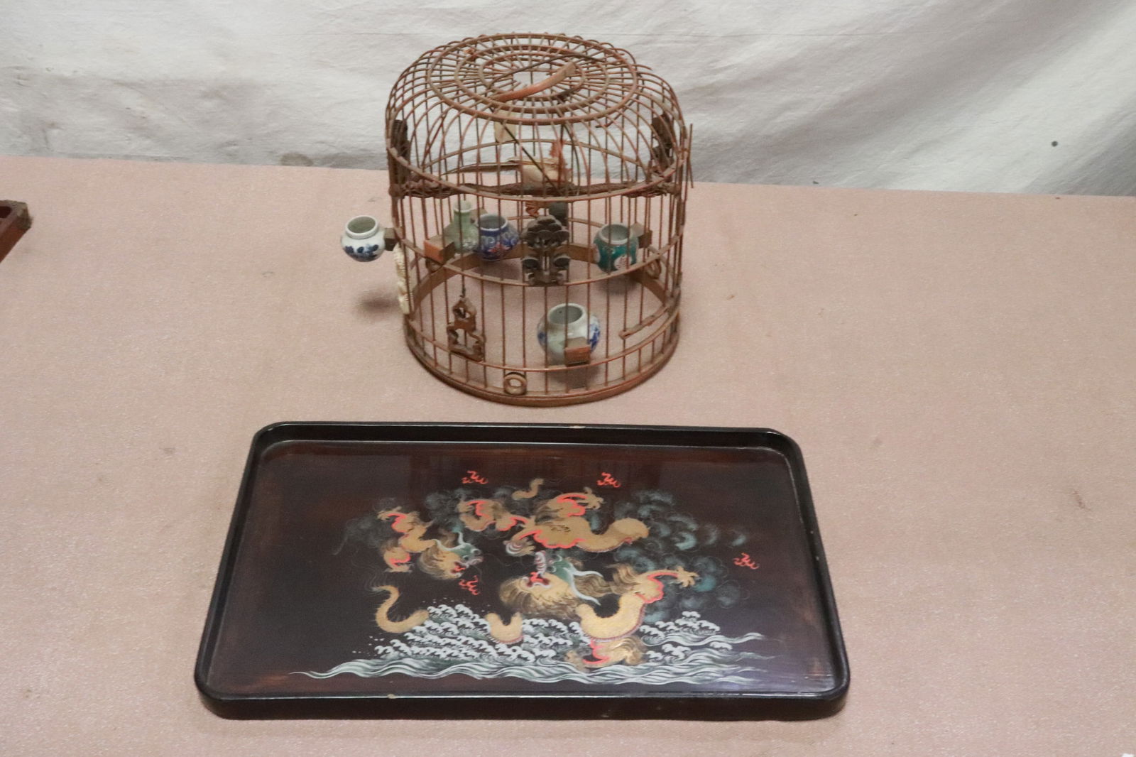 19th/20th c. bird cage w/ bird feeders & lacquer tray: Chinese 19th/20th century bird cage (8.2"x8"dia) with vintage bird feeders and decorative ornament, with replacement lacquer tray on bottom (0.85"x9"x14.1")