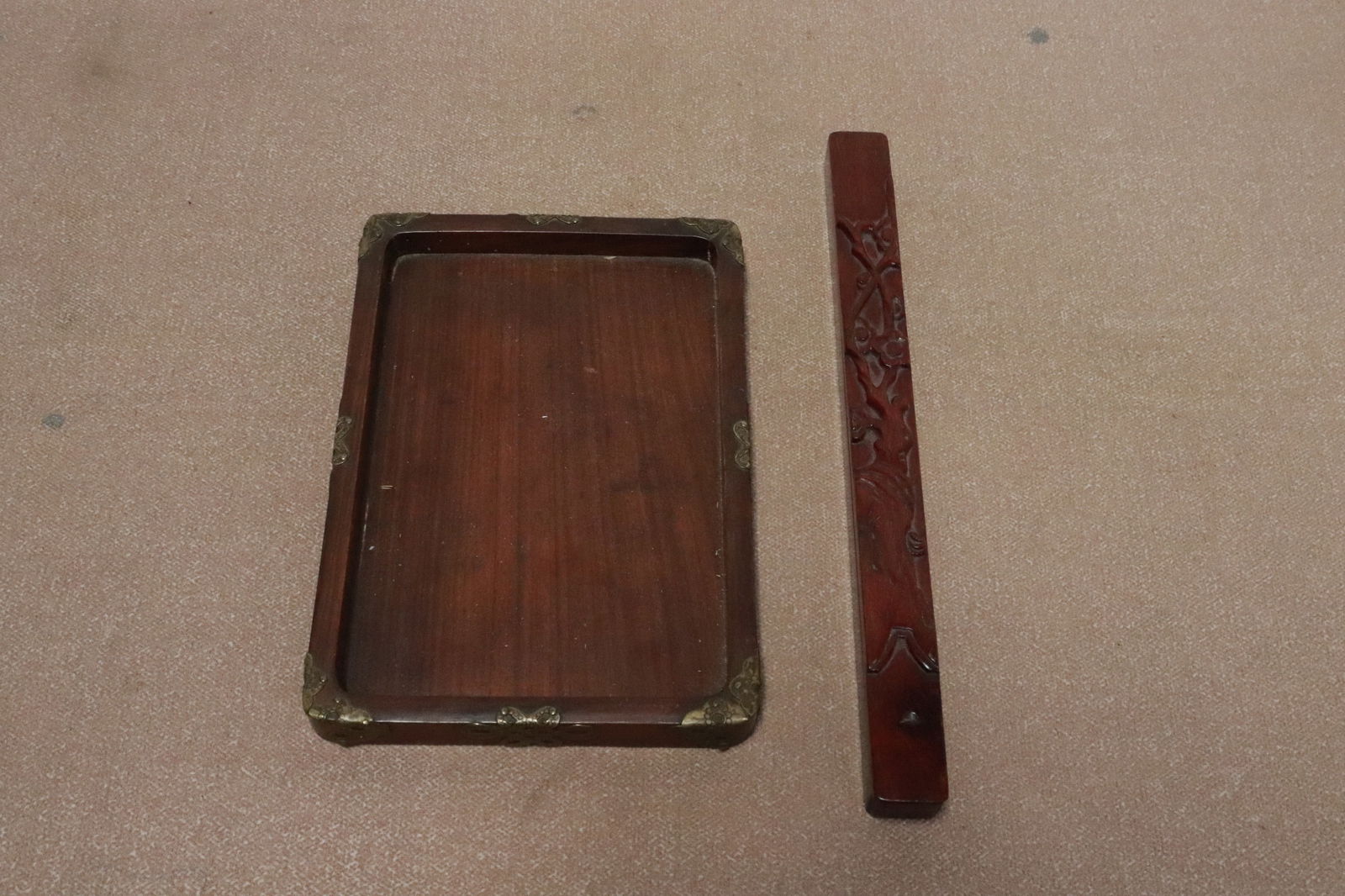rosewood scholar tray, & a rosewood chopstick box: 2 pieces; rosewood scholar tray (0.8"x8"x5.4"), and a fine rosewood chopstick box (10.6"x0.85"x0.95")