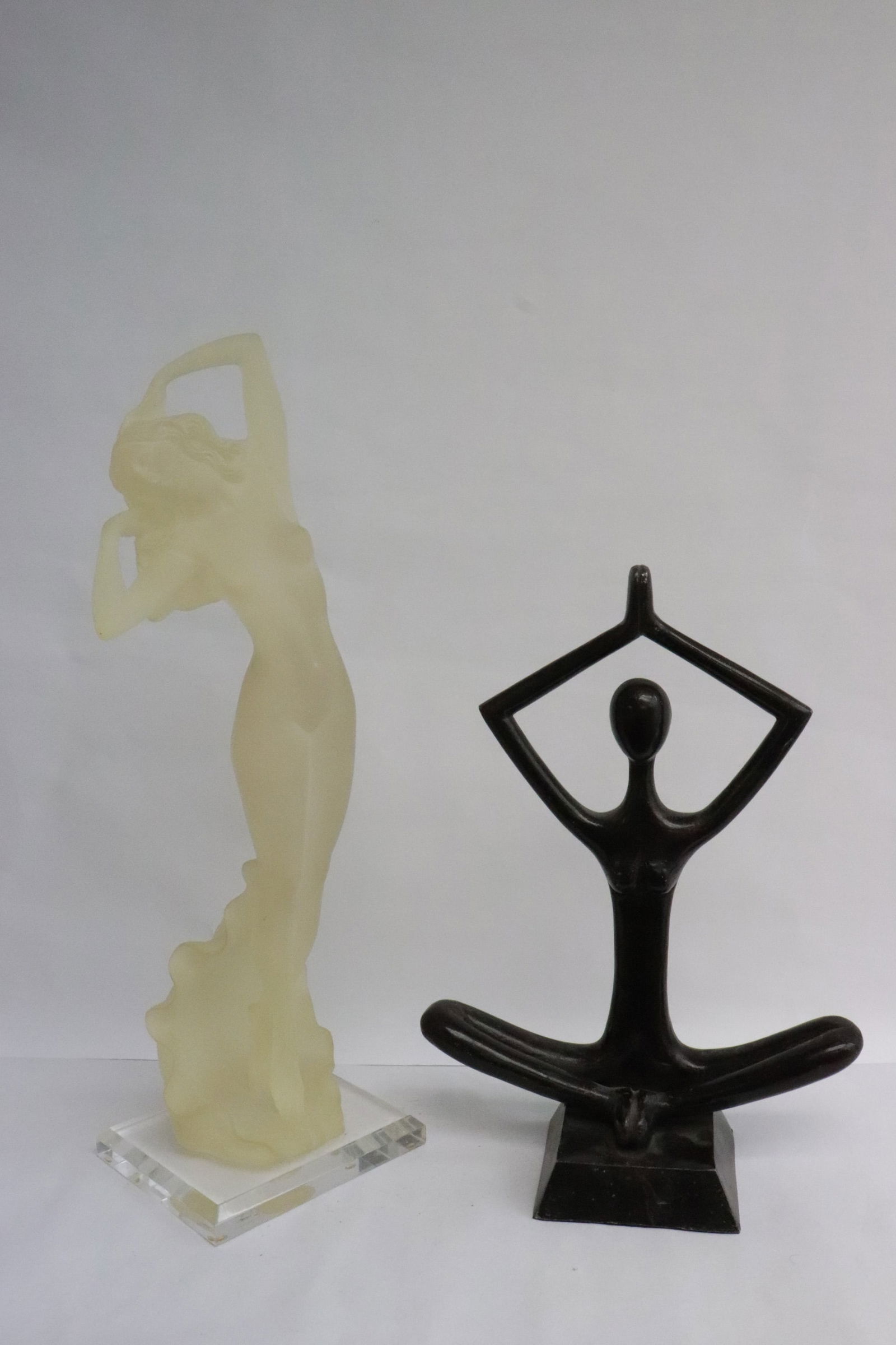 2 art deco figures; one metal, one Lucite: 2 art deco figures; one metal (13.8"H), one Lucite (18.8"H)