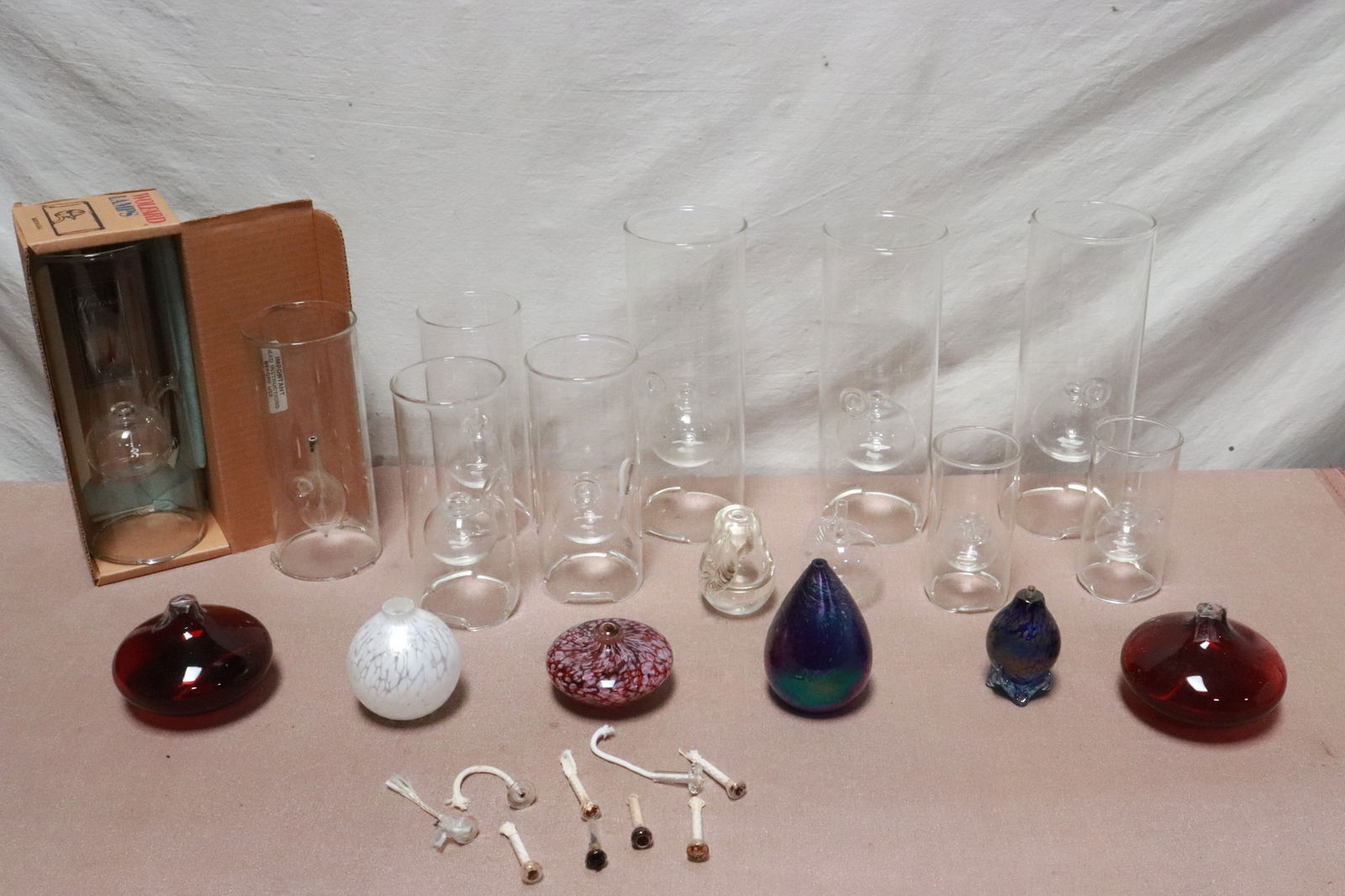 Large collection of hand blown & art glass oil lamps: Large collection of hand blown and art glass oil lamps, very fine collection, 3.8"x3"dia - 11.85"x4.4"dia