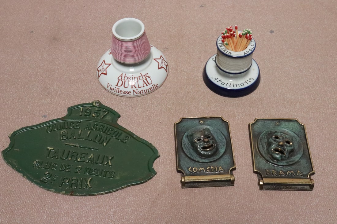 5 pieces: 5 pieces; vintage French agriculture award plaque (6.35"x8.9"x0.2"), 2 french memorabilia match holder (2.9"x3.7"dia, 3.5"x4.65"dia), and pair brass bookends (4.6"x3.25"x0.45" ea)
