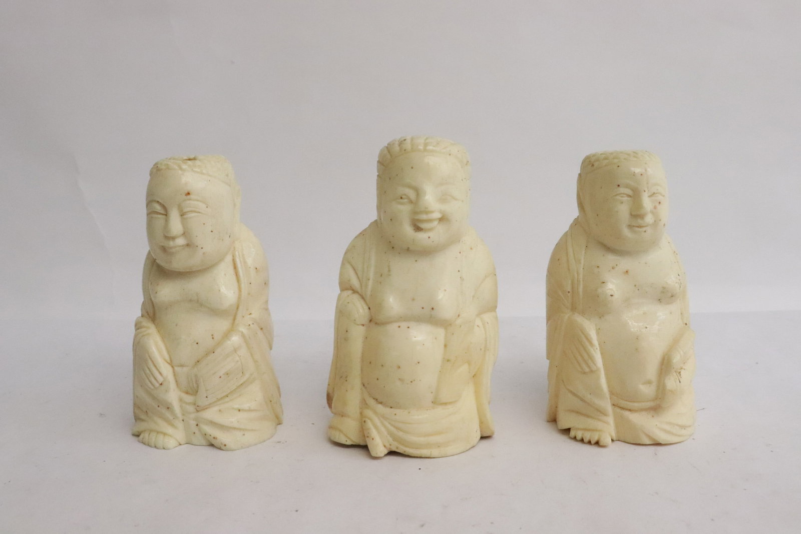 3 Japanese bone carved deities: 3 Japanese bone carved deities, 2.7"H - 2.85"H