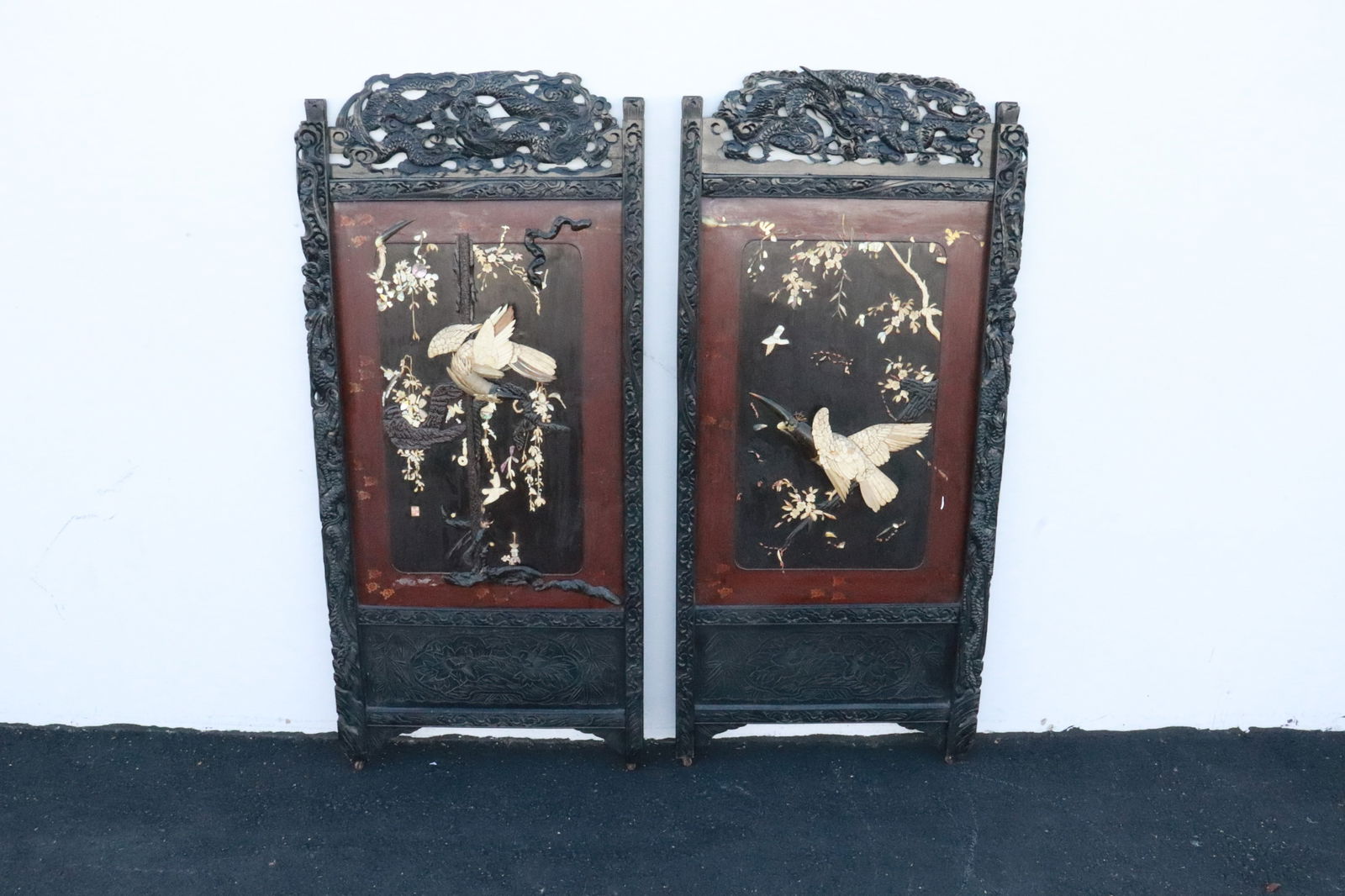 Japanese antique room divider w/ bone overlay: 2-panel Japanese antique room divider with elaborate bone overlay, very minor loss (very unusual for this type of screen), with heavily carved borders, 75.4"x34.2"x2.3" ea