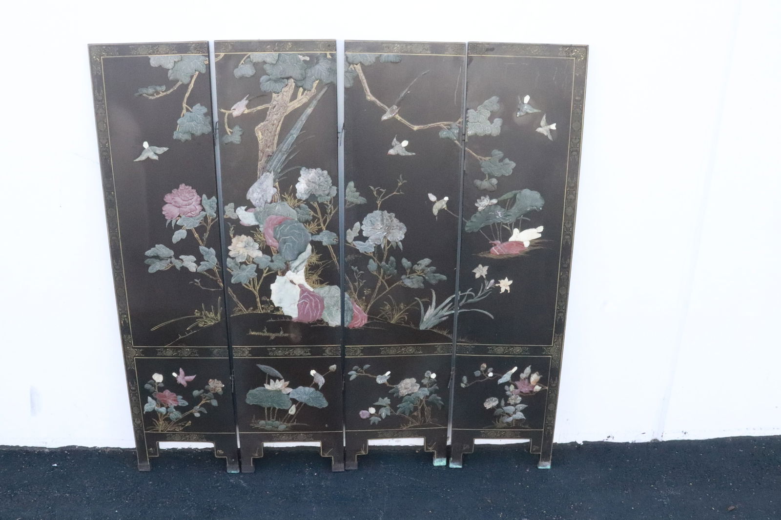 Chinese lacquer wood room divider w/ stone overlay (1 of 9)