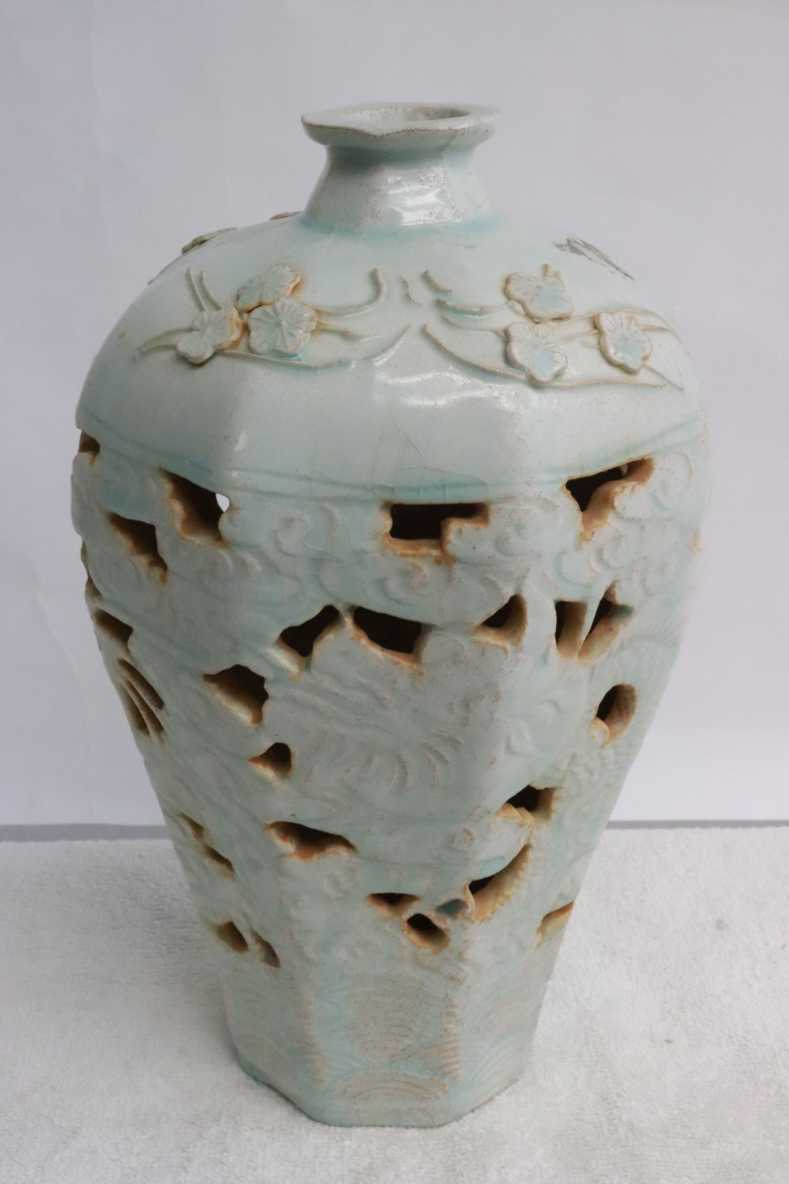 Fine celadon meiping in reticulated style: Fine celadon meiping in reticulated style, 9.3"x5.8"x5.8"