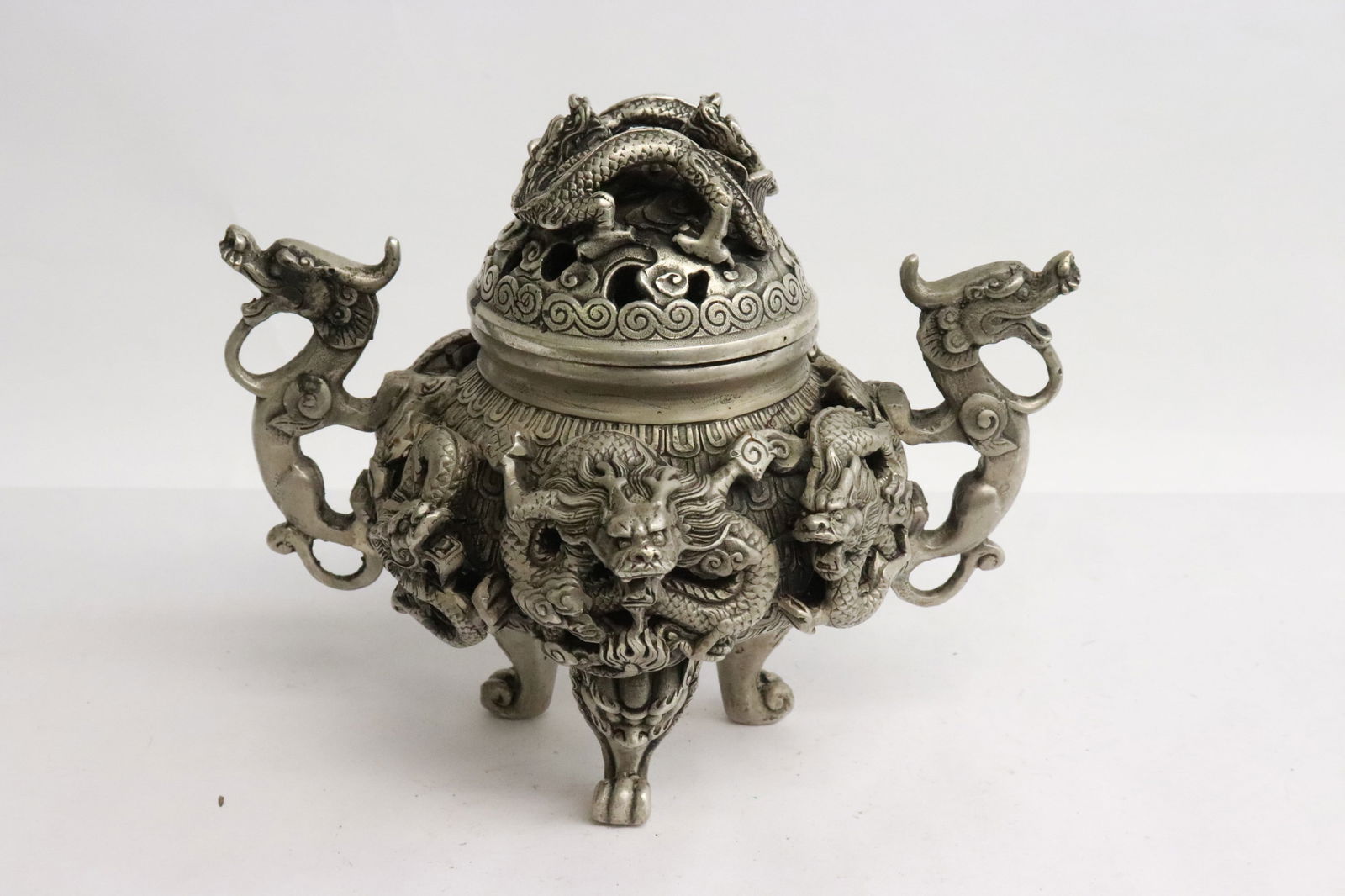 Very fancy white bronze censer: Very fancy white bronze censer, 5.8"x6.8"x5"
