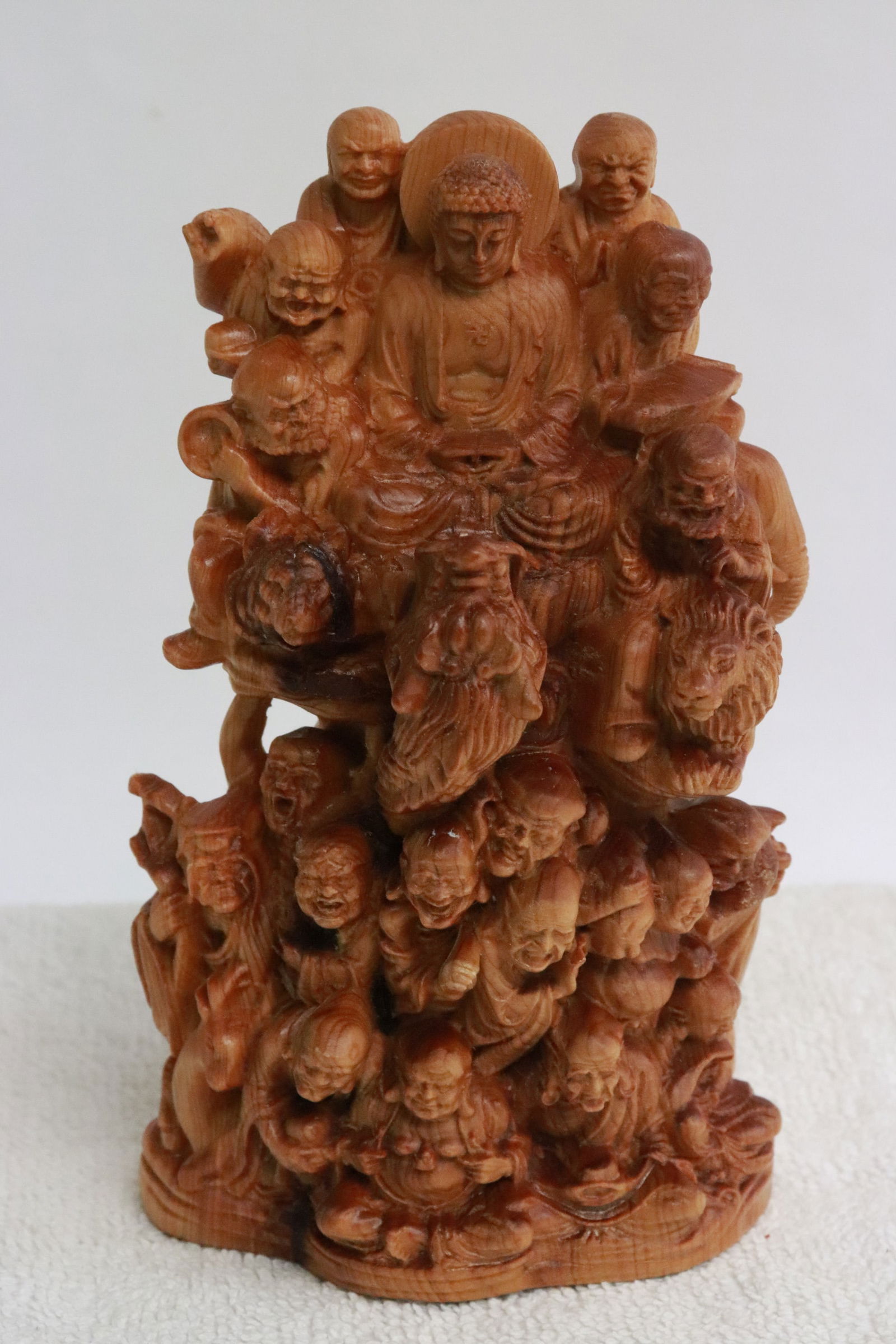 Scented wood carving to depict group of deities: Scented wood carving to depict group of deities, 5.3"H