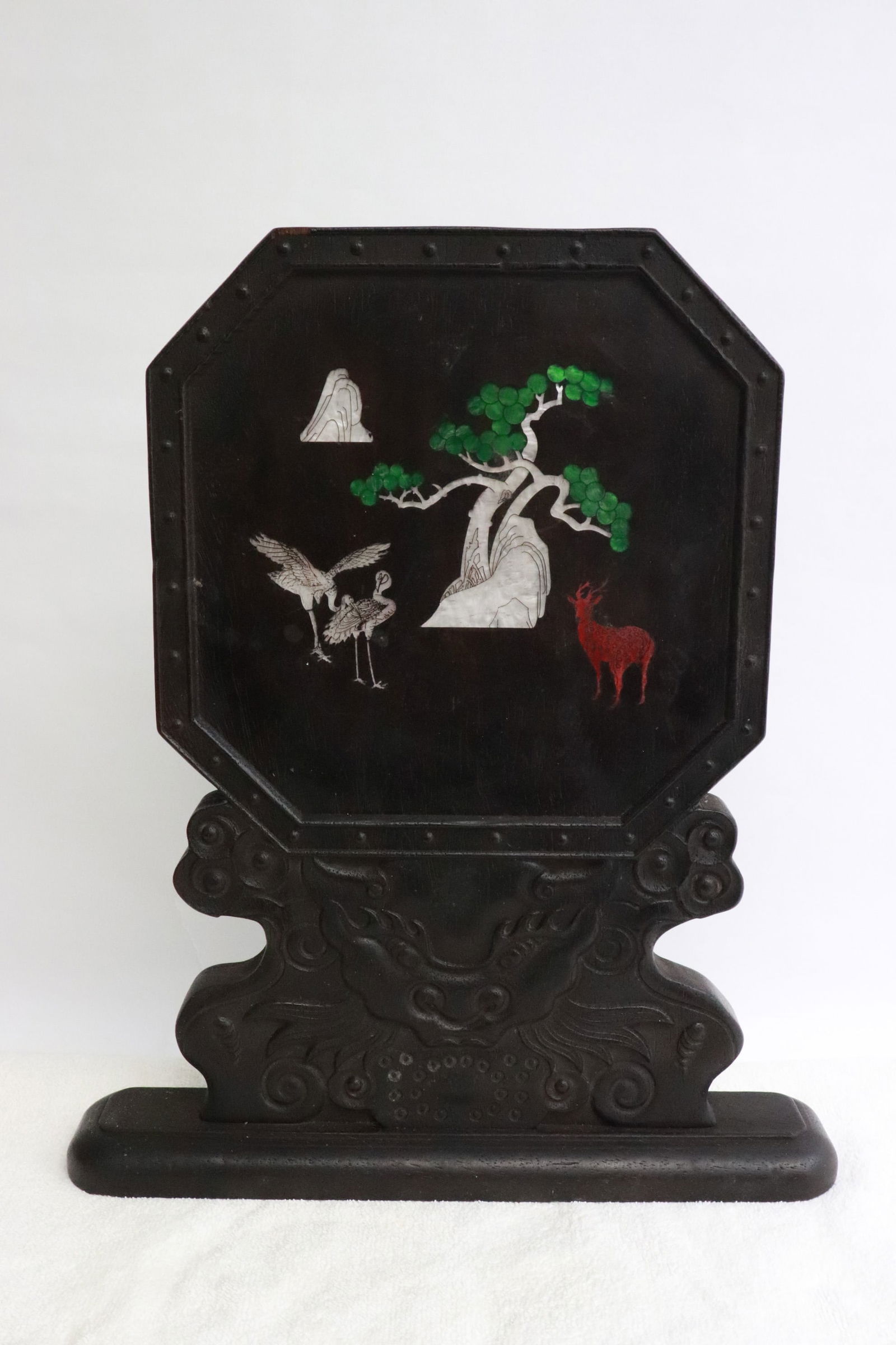 Chinese wood panel inlaid w/ mother of pearl & others: Beautiful Chinese wood panel inlaid with mother of pearl and others to depict crane scene, a fine example, 15"x12.8"x2.6"