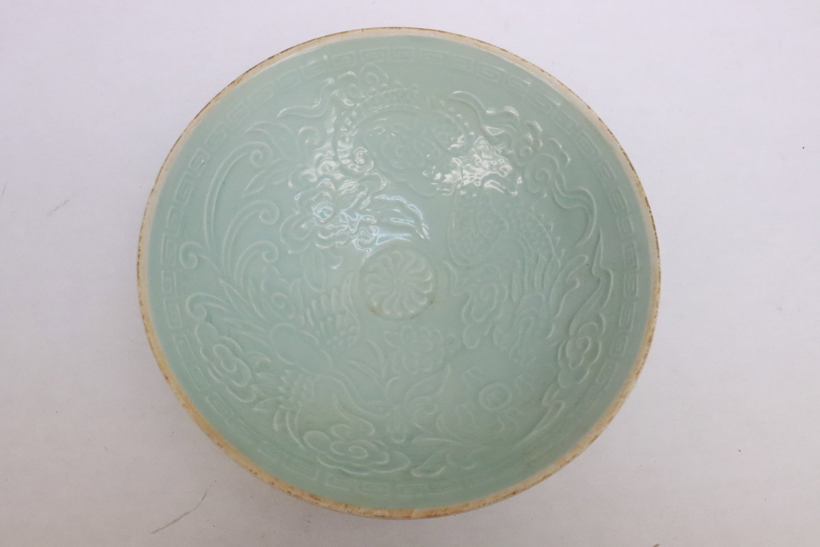 Light blue Song style bowl w/ embossed decoration: Light blue Song style bowl with embossed decoration, 2.35"x7.85"dia