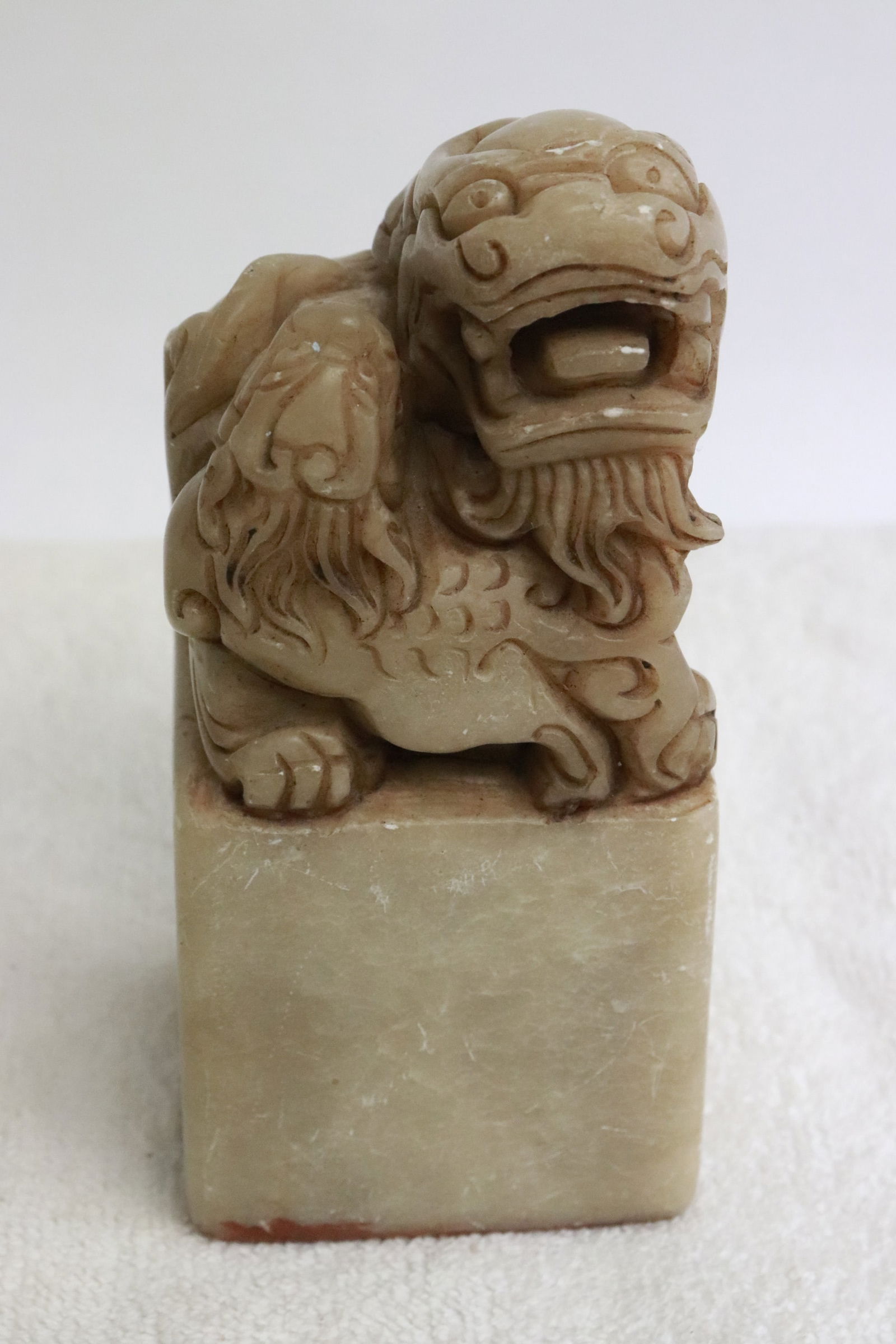 Large stone carved seal with qilin motif finial: Large stone carved seal with qilin motif finial, 5.25"x2.35"x2.35"
