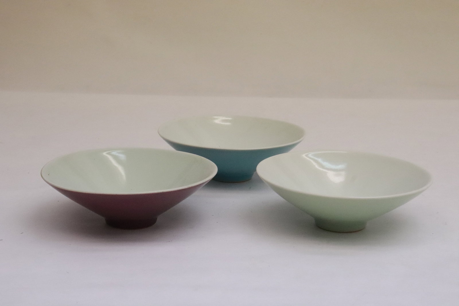 3 Chinese single color glazed porcelain bowls: 3 Chinese single color glazed porcelain bowls, 1.8"x5.4"dia ea