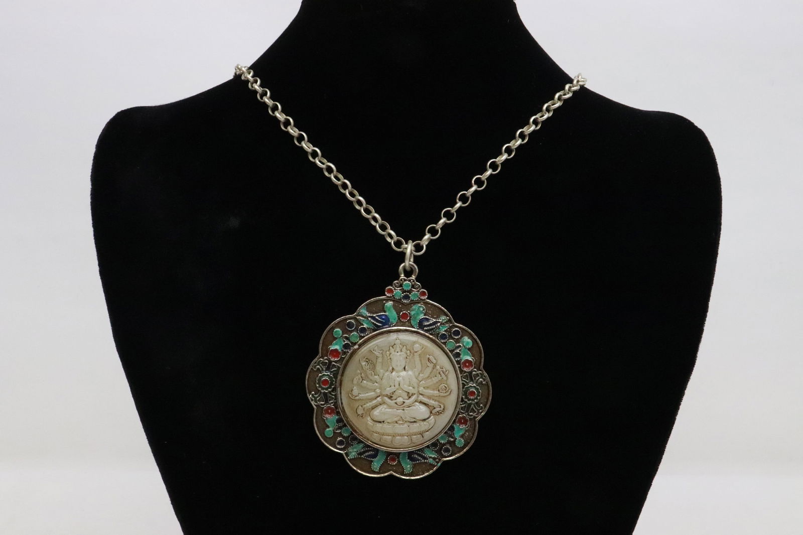 2 white metal pendants with jade like stone inset: 2 white metal pendants with jade like stone inset, 2.8"x2.35"x0.35", 2.8"x2.33"x0.4"