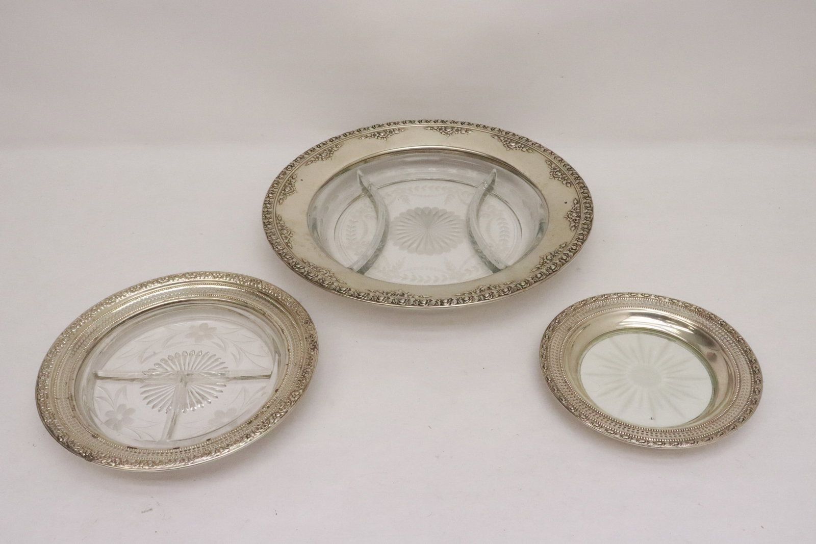 3 sterling edged crystal plates: 3 sterling edged crystal plates, 0.8"x6.4"dia - 1.7"x11.75"dia