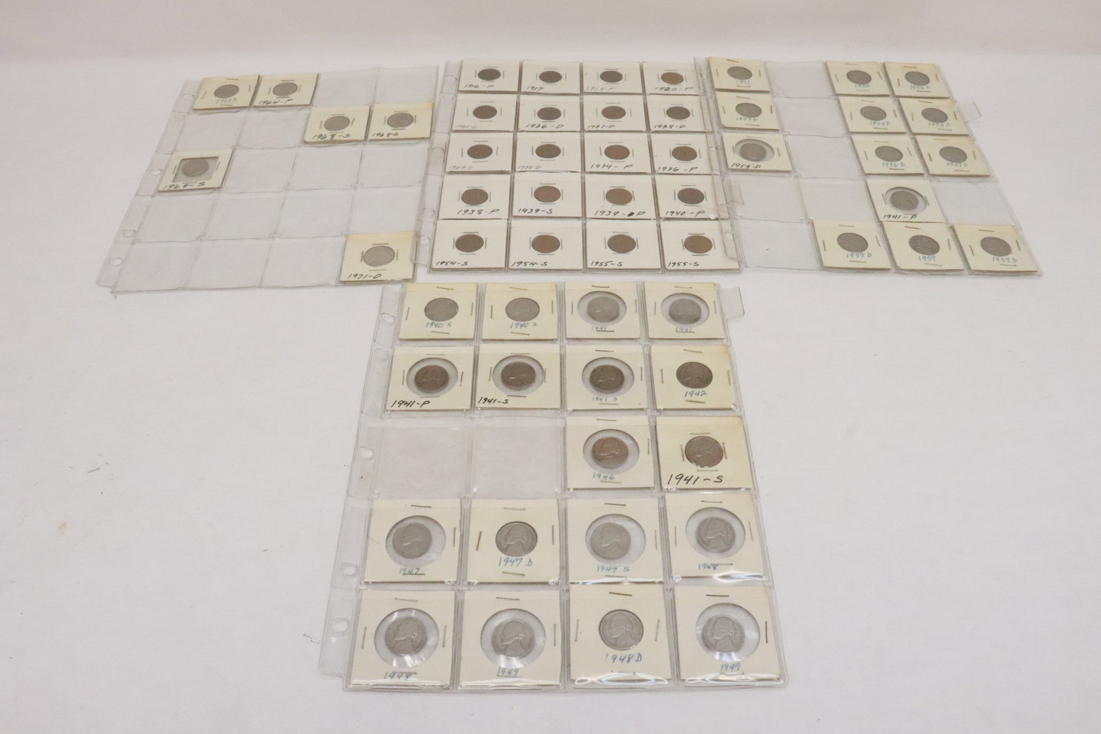 4 panel of coins; 37 nickels, and 20 pennies: 4 panel of coins; 37 nickels, and 20 pennies