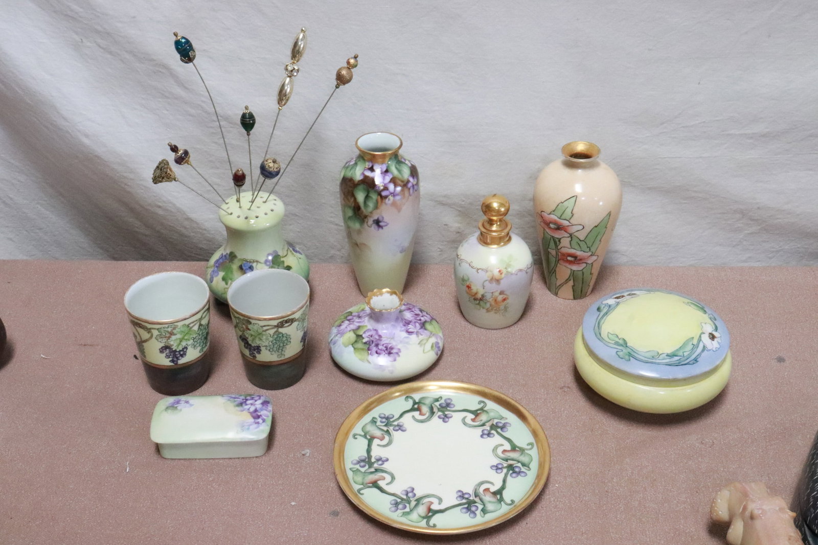 Lot of beautiful art nouveau porcelain pieces: Lot of beautiful art nouveau porcelain pieces (1.35"x3.8"x2.2" - 5.85"x3.3"dia); including hairpin collection (7"L - 9.9"L)