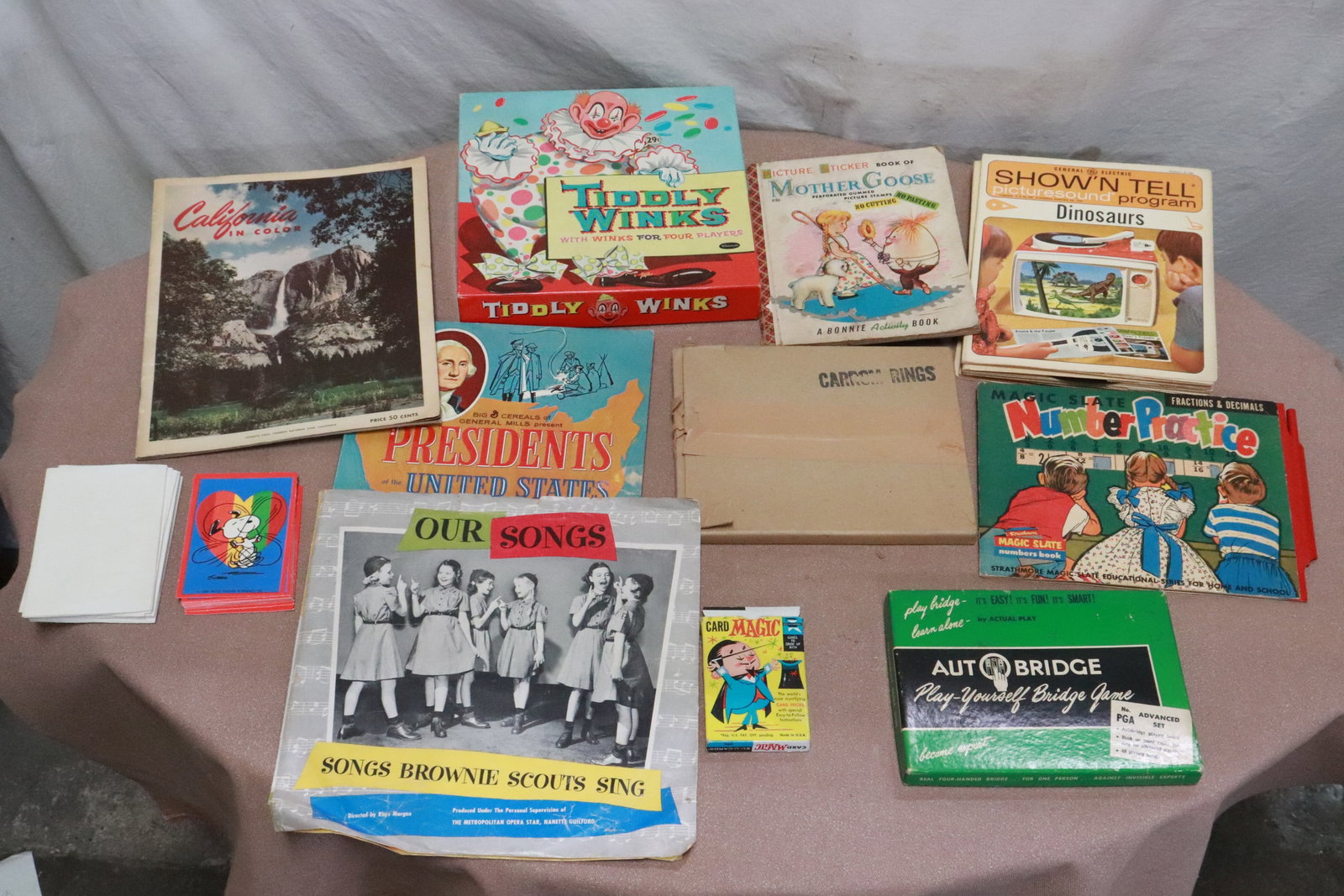 Lot of vintage children items: Lot of vintage children items; old "show and tell" record in original sleeve, old games, original girl scout song record, etc.