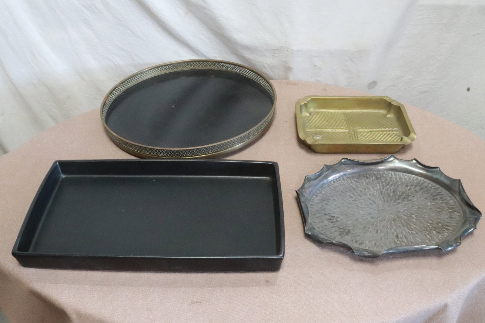 4 trays: 4 trays; including an extremely heavy bronze tray, 1.4"x8.8"x7.65" - 1.8"x14.3"dia