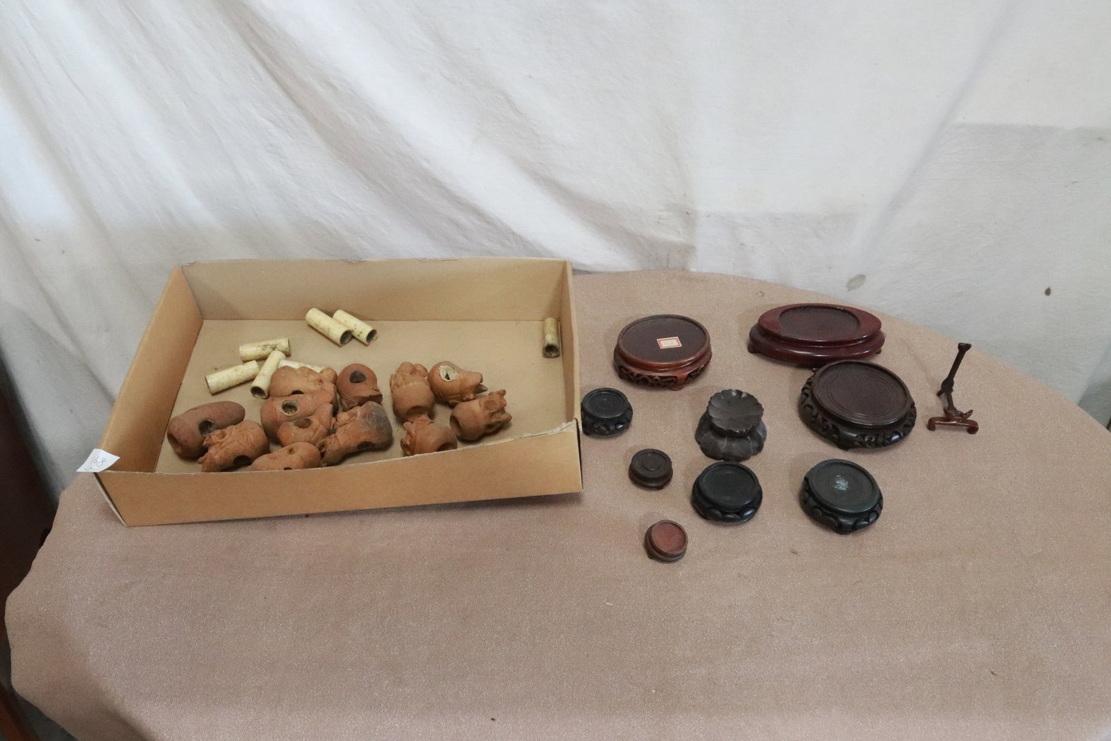 Lot of Chinese ?, and few wood stands: Lot of Chinese ?, and few wood stands, 0.8"x1.35"dia - 1.5"x5.5"x3"