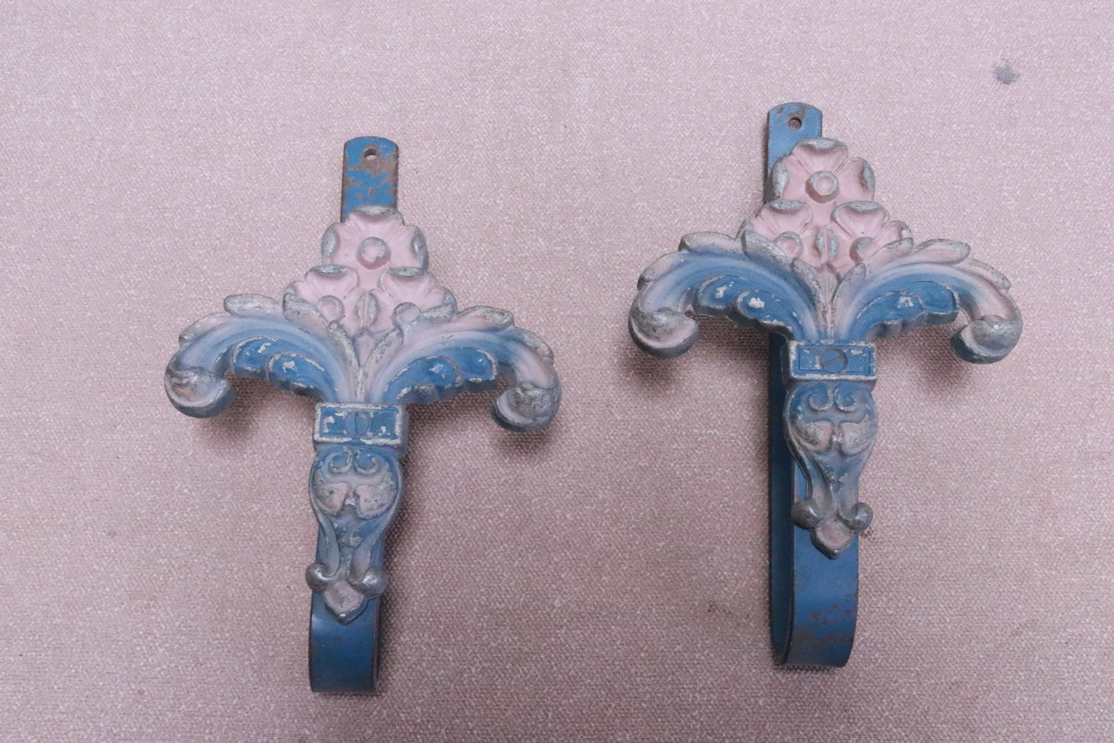 Pair Victorian painted cast iron wall hooks: Pair Victorian painted cast iron wall hooks, 7.85"H ea