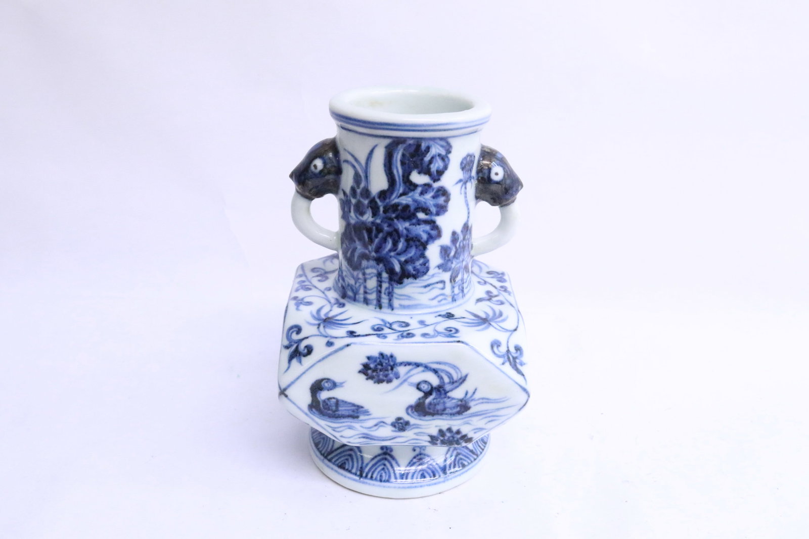 Chinese blue and white porcelain vase: Chinese blue and white porcelain vase with elephant motif handles, 6.1"x3.8"x3.8"