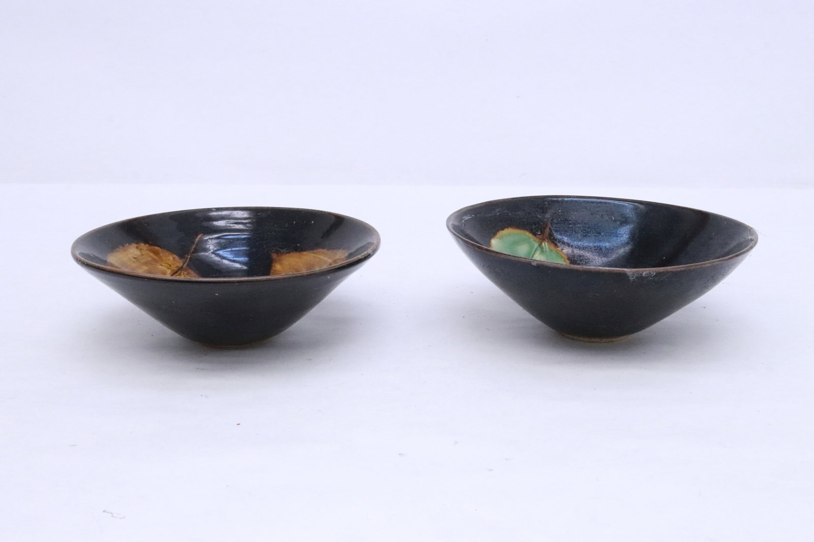 2 Chinese Song style bowls: 2 Chinese Song style bowls with leaf motif decoration, 2"x6"dia ea