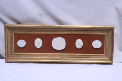 5 framed bisque plaques, possible Wedgwood