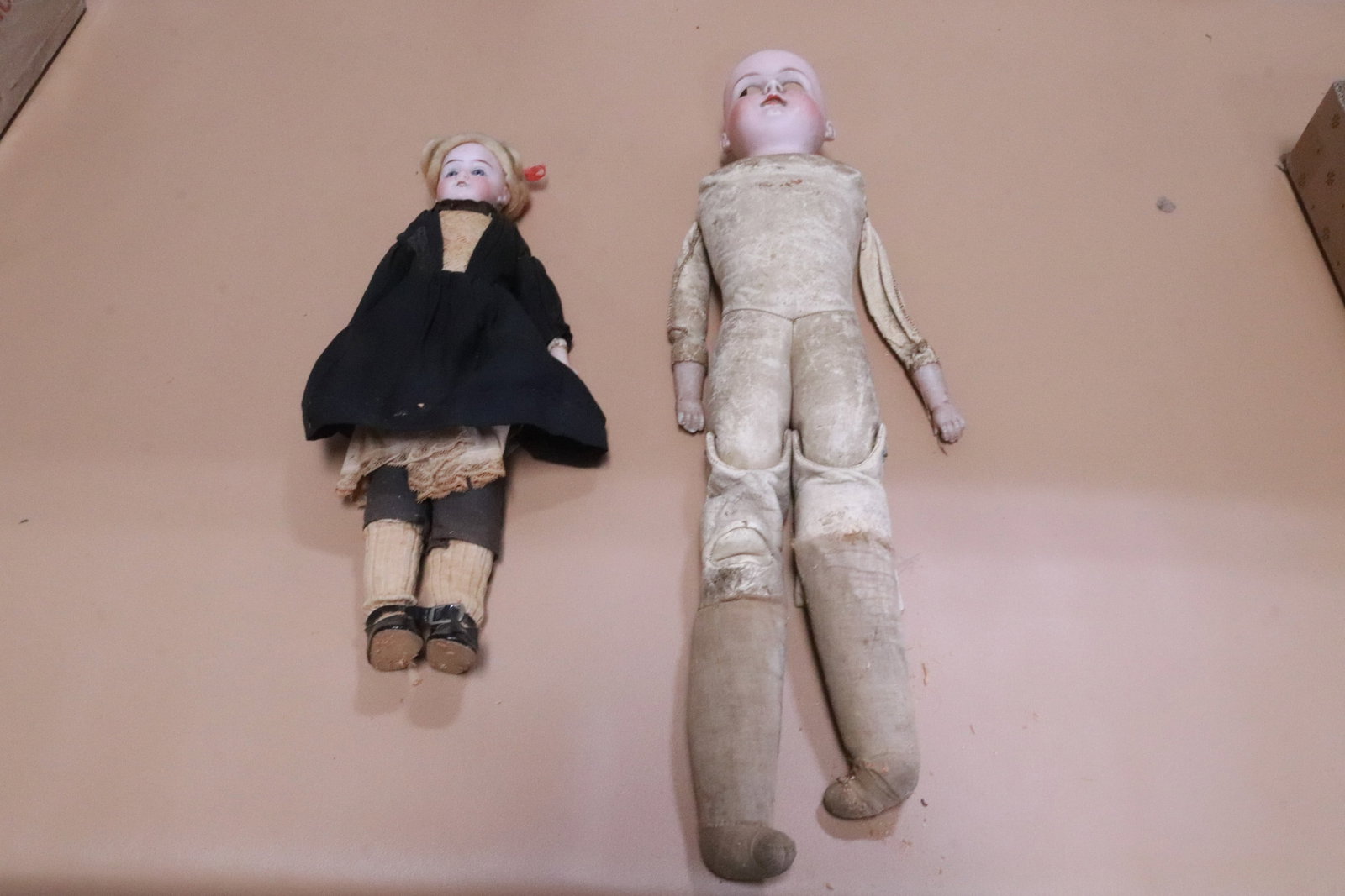2 antique German bisque head dolls: 2 antique German bisque head dolls, need repair, 14"H, 21.5"H