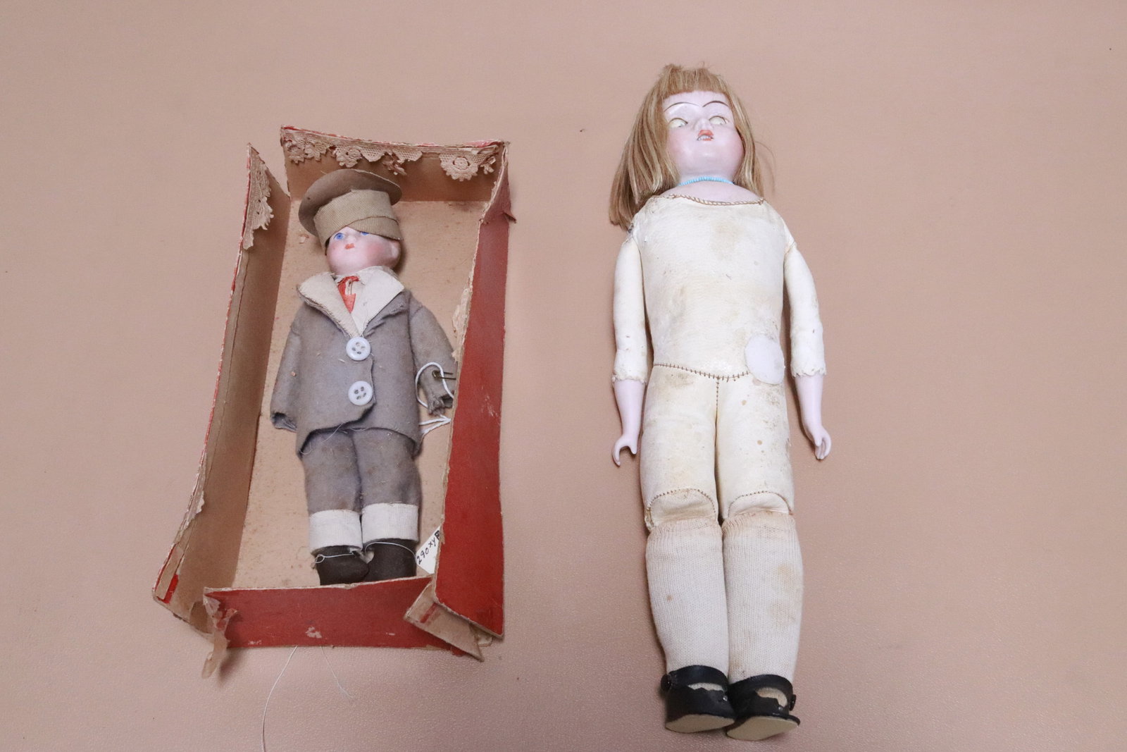 2 vintage bisque head dolls: 2 vintage bisque head dolls, 8.2"H, 13.2"H