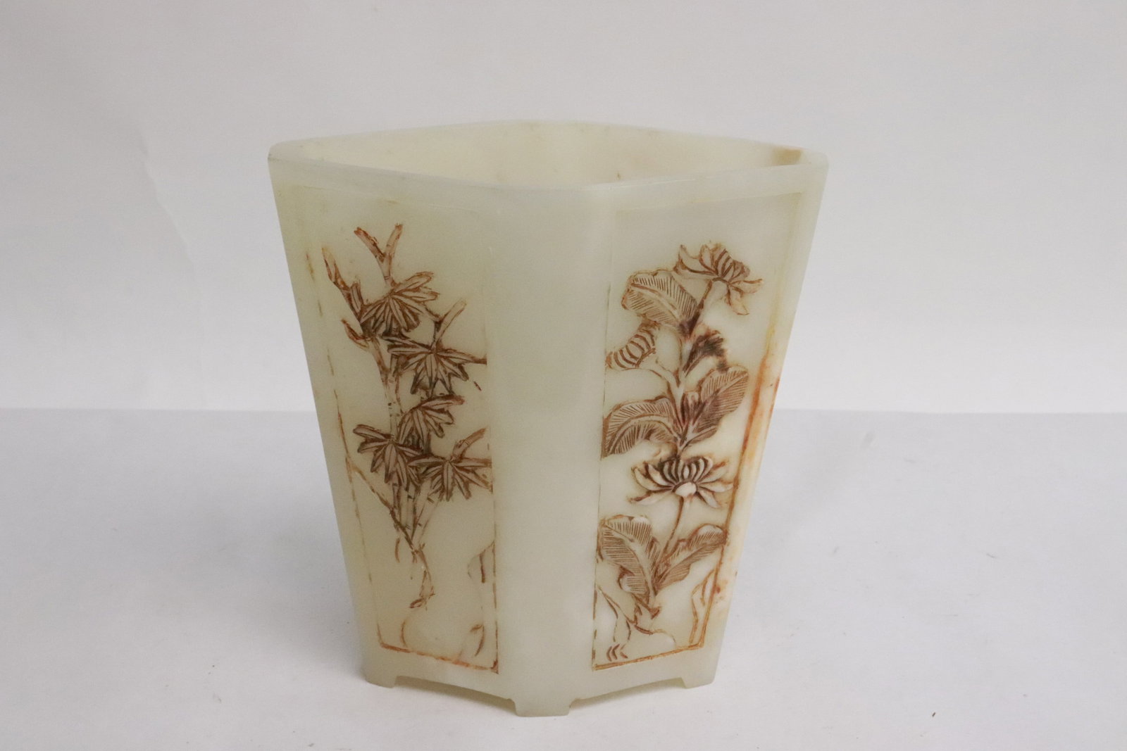 White jade like stone carved vase: White jade like stone carved vase, 4.85"x4.5"x2.3"