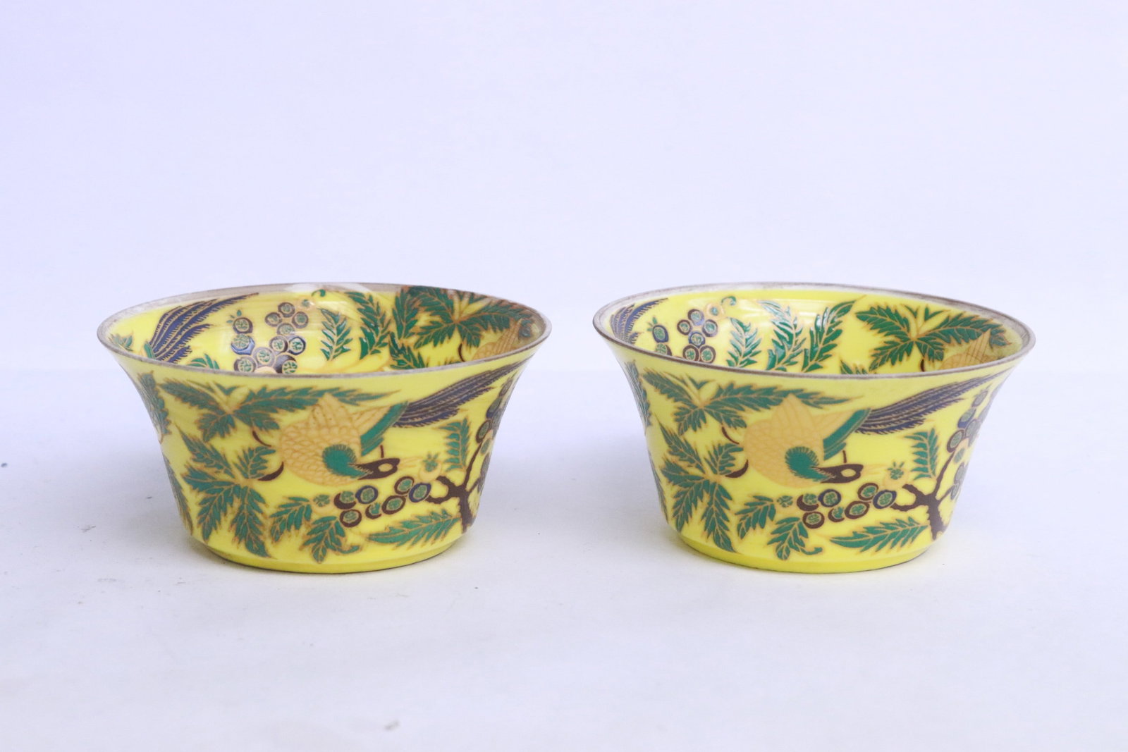 Pair enamel on porcelain tea cups: Pair enamel on porcelain tea cups, 1.65"x3.25"dia ea