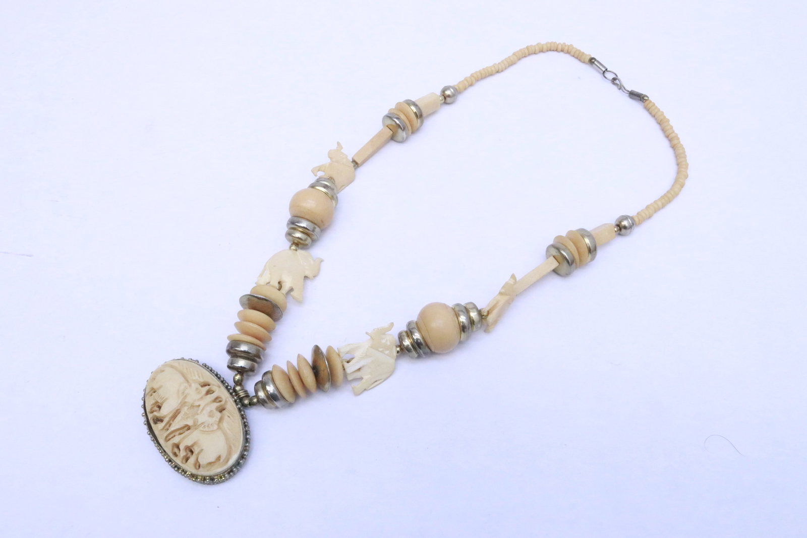 Large necklace with bone carved plaques: Large necklace (26.8"L) with bone carved plaques