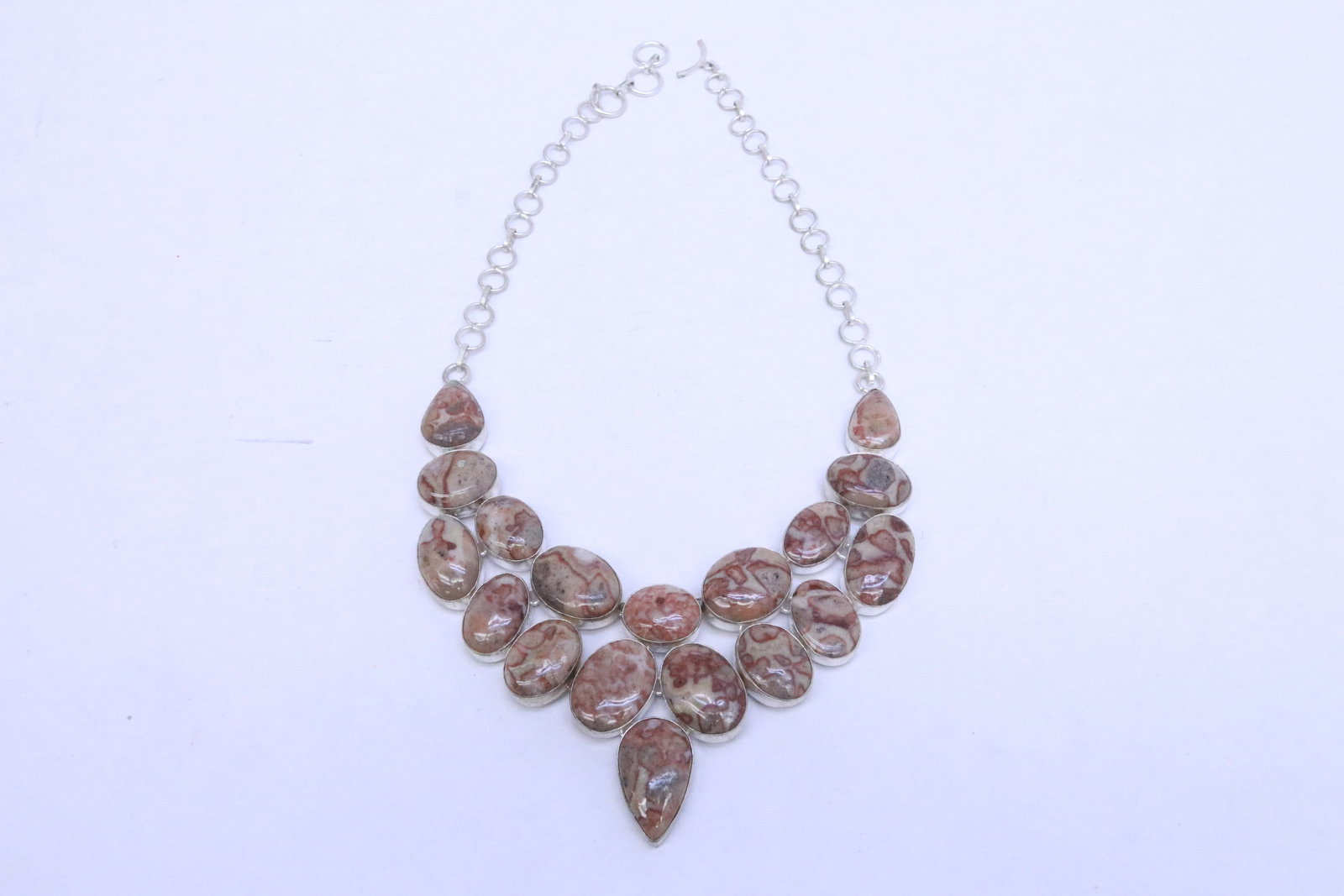 Large sterling necklace with semiprecious stones: Large sterling necklace with semiprecious stones, wt. 118.5gm, 22"L