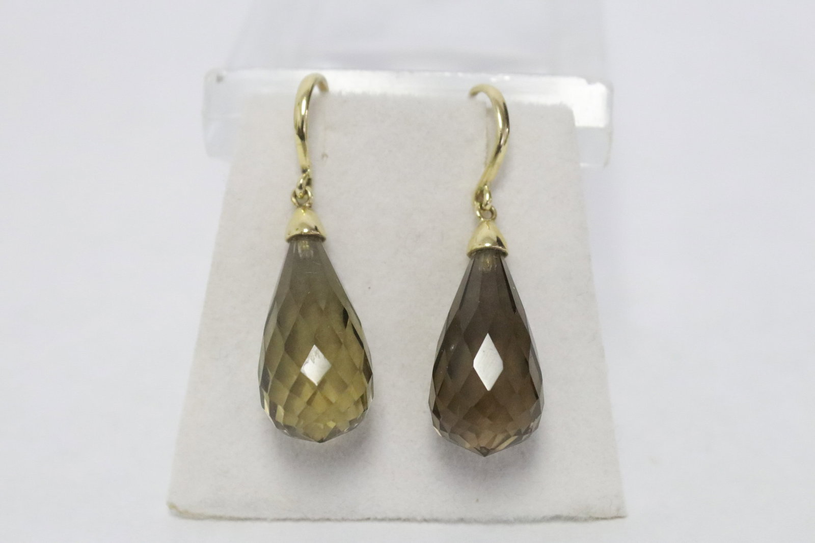 Pair 14K Y/G earrings w/ amethyst like stone drop: Pair 14K Y/G earrings with amethyst like stone drop, wt. 5.7gm